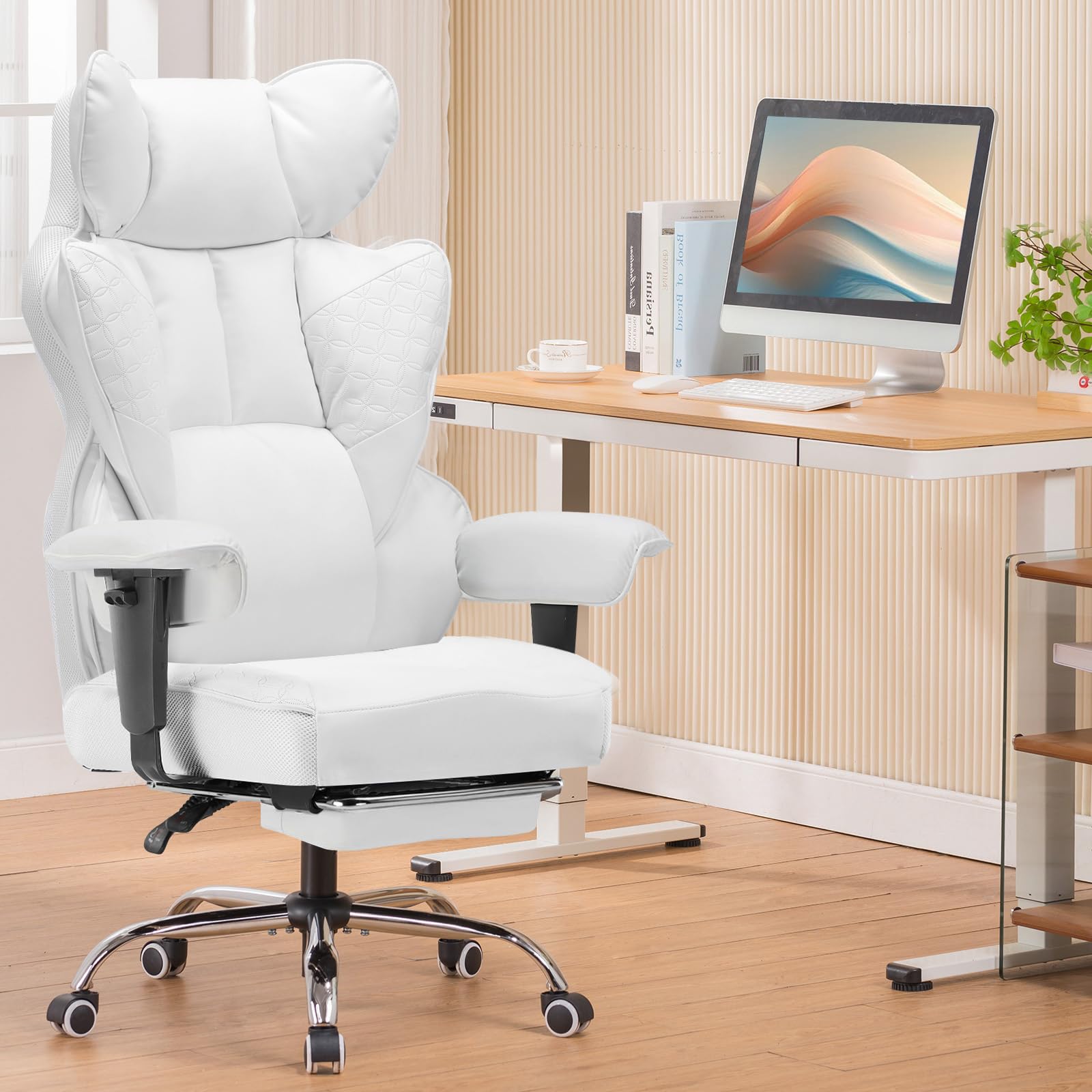 COMHOMA Silla Gaming Ergonómica, con apoyabrazos ajustables, soporte lumbar, muelles para personas altas, soporta 180 kg, asiento amplio, Blanca