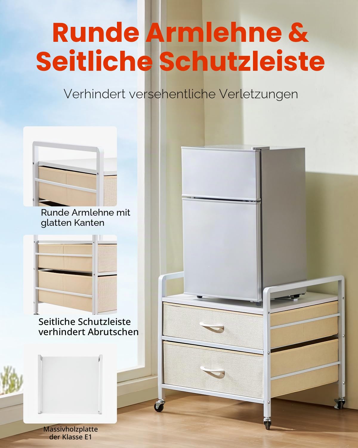 VEVOR Mini-Kühlschrankständer auf Rollen Kühlschrankhalter mit 80 kg Tragkraft, Mini-Kühlschranktisch mit 2 Schubladen & 4 Lenkrollen, mobiles Kühlschrankregal für Wohnheim Wohnung Büro Weiß