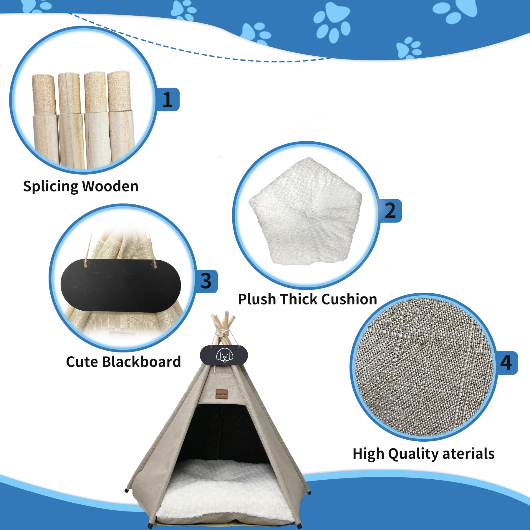Tipi Zelt für Haustiere mit doppelseitigem Kissen Haustierzelt für Hunde/Katzen Haustierhütte Abnehmbar und Waschbar Hundehaus für Meerschweinchen Kaninchen Hamster Kätzchen 60x60x70cm