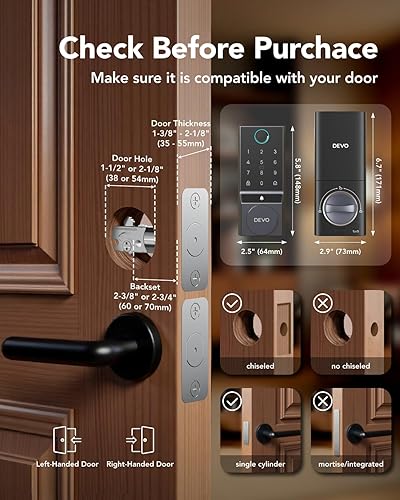 Miniatura 6 de Devo G3 - Cerradura inteligente de puerta de entrada sin llave, control de aplicación, cerraduras inteligentes para puerta delantera, cerradura