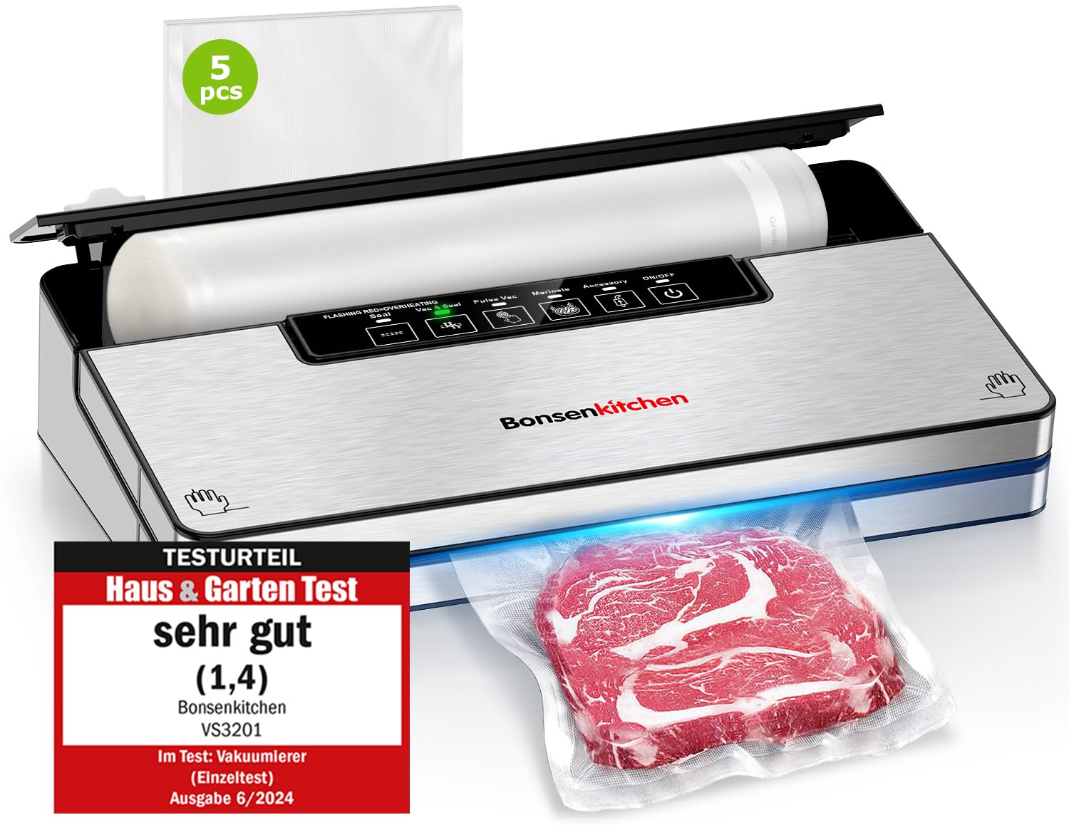 Bonsenkitchen Machine Sous Vide Alimentaire, Machine Sous Vide à 5 Modes-8 L/min, Technologie Globefish pour Un Travail en Continu à Grande Vitesse, Comprend 5 Sacs Sous Vide et 1 Sac en Rouleau