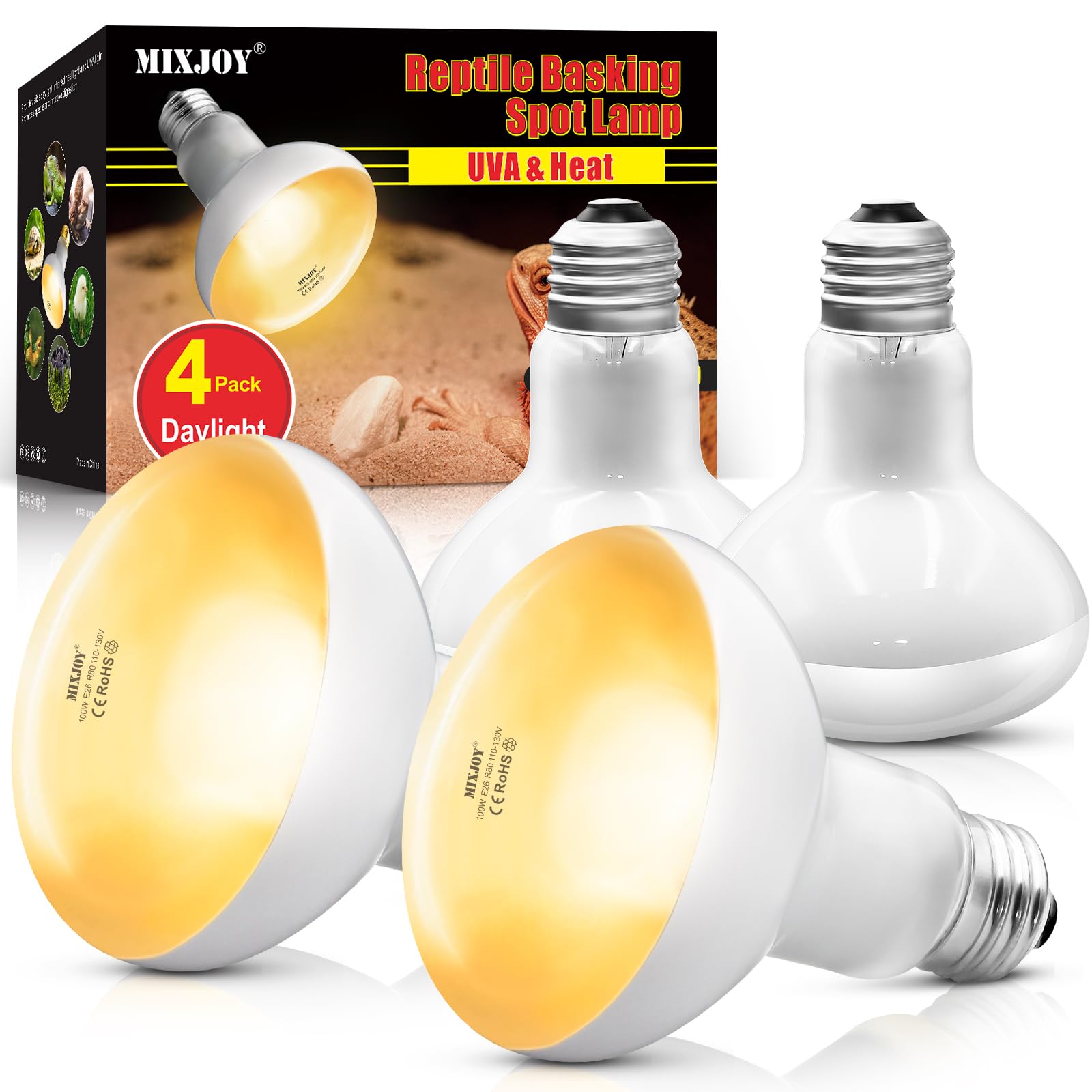 MIXJOY 4Pack Reptile Heat Lamp Bulbs, 100W Heat Lamp Bulbs for Reptiles Basking Bulbs UVA Daylight Basking Light Amphibians Heating Lamp Emitter for Lizard, Tortoise, Bearded Dragon Gecko