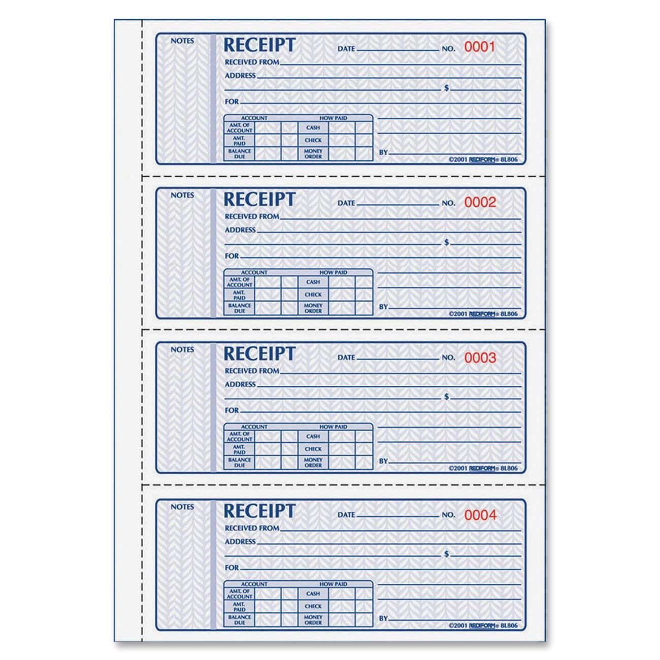 Rediform Money Receipt Book, Manifold Cover, Carbonless Triplicate Forms, 11" x 8", 100 Numbered Sets (8L808)