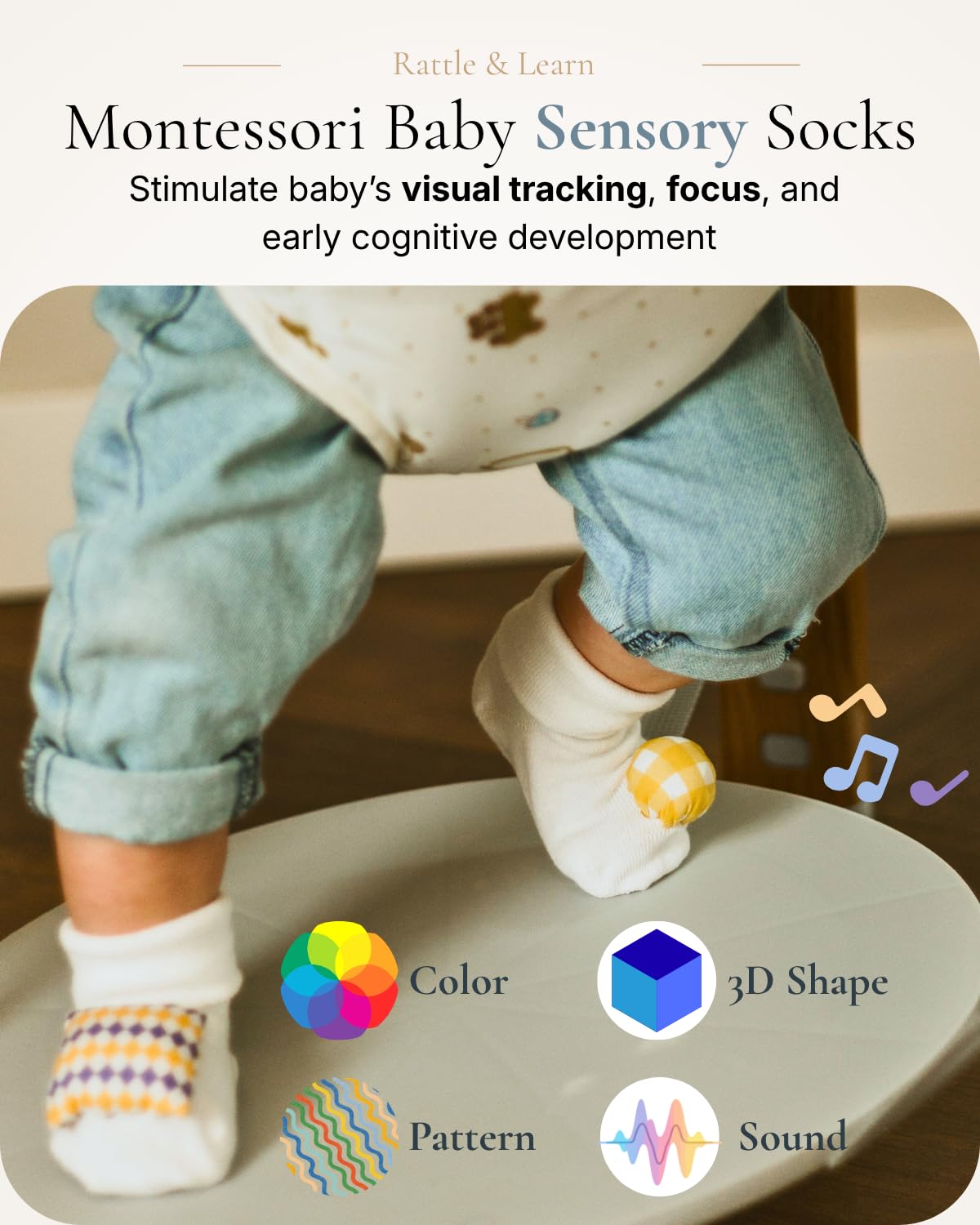 Cuddobaby Montessori Baby Rattle Socks |Oeko-TEX| 0-12M, 2 Pack | High Contrast Sensory, Cause & Effect, Color, Pattern, Shape Learning, Soft & Breathable, Yellow & Purple