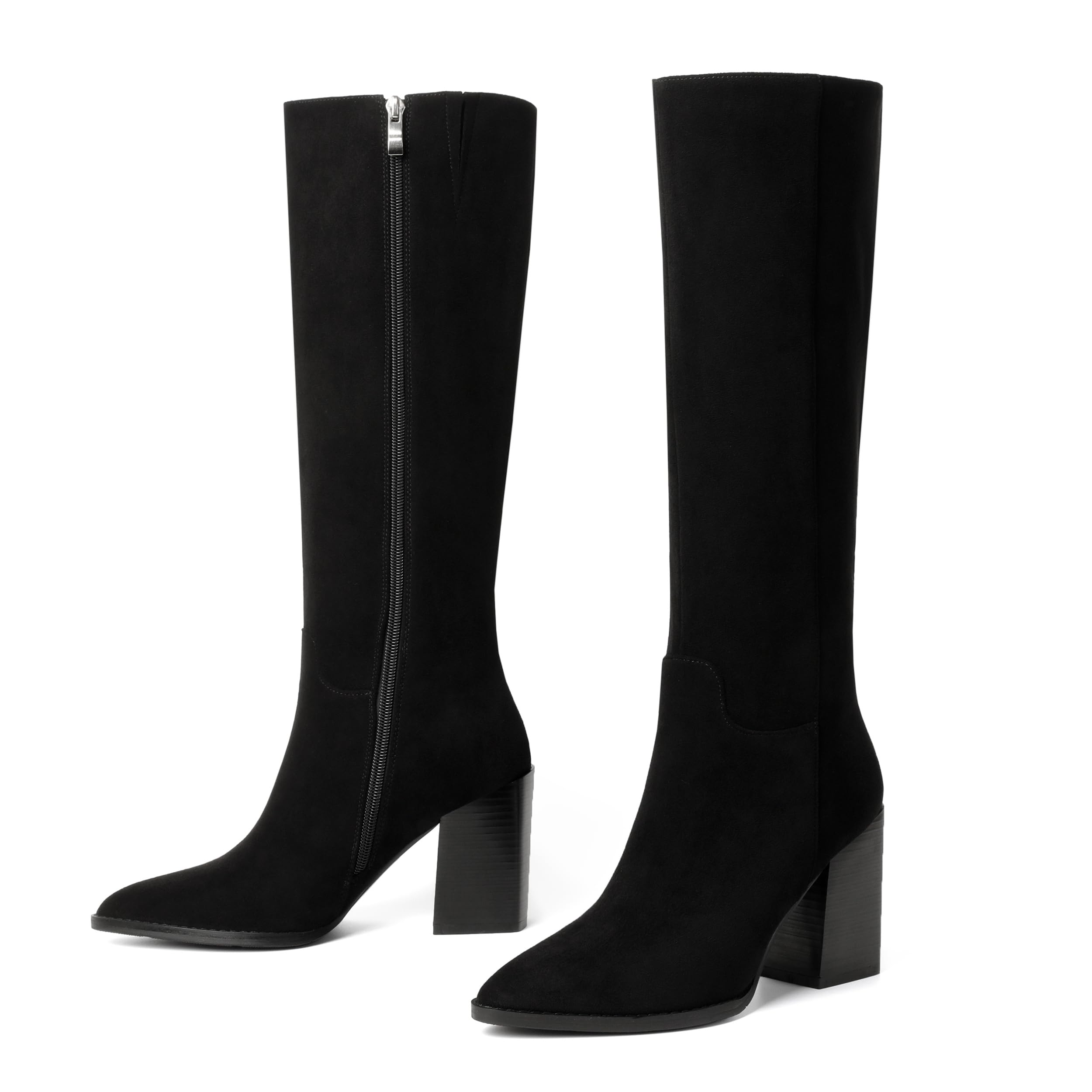 vivianly Womens Knee-High Boots Sexy Pointed Toe Block Heel Zipper Fashion Retro High Boots