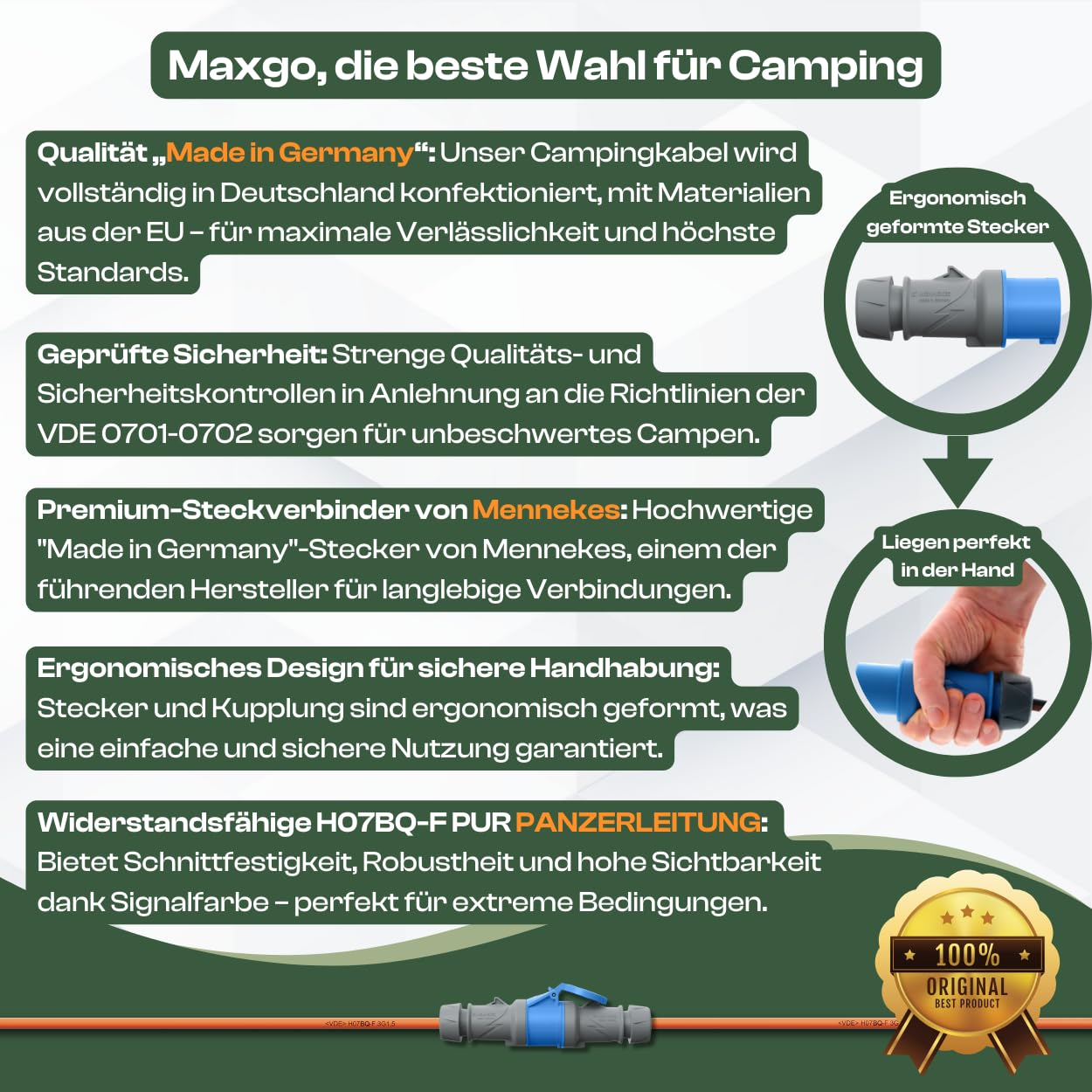maxgo Camping Stromkabel 10m Wohnwagen Kabel Wohnmobil CEE Stecker Verlängerungskabel Orange 3x1,5 Campingkabel 10 Meter Strom Verlängerung H07BQ-F PUR Outdoor Mennekes