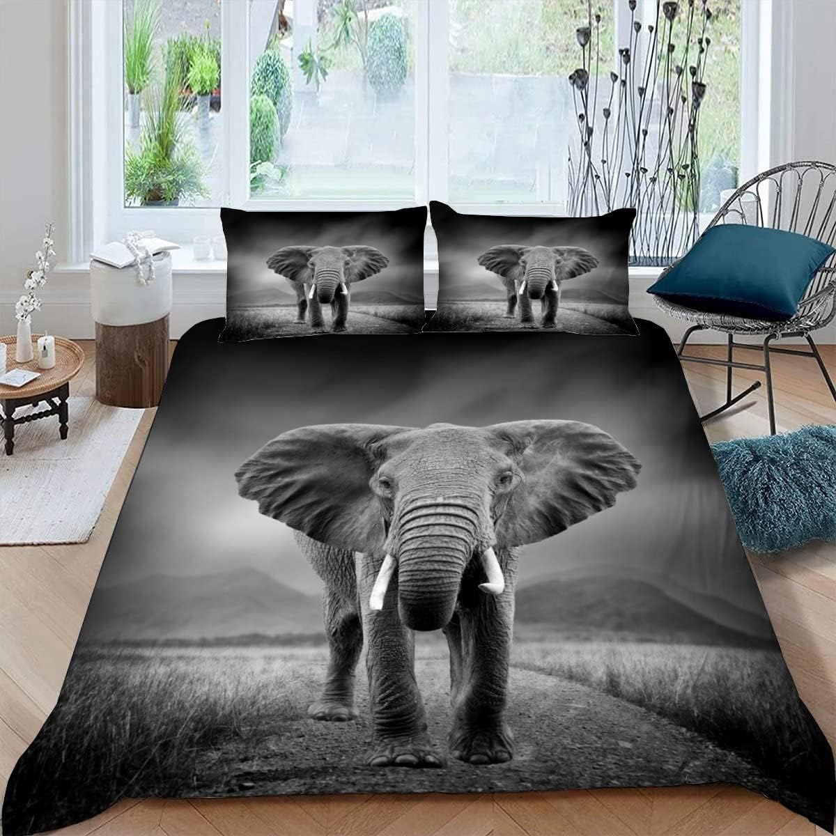 MEVASA Elephant Bedding Set - Microfiber Teen Bedding, Gray Elephant 3D, 3Pcs Anti Allergic Double Duvet Cover Set with Zipper /200x200