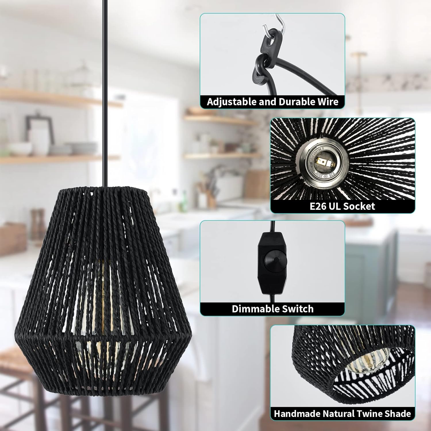 Plug-in Pendant Light, Hanging Lights Fixture With 15ft Cord On/Off Switch, Black Handwoven Rattan Basket Shade Boho Lamp for Bathroom Kitchen Island Dining Room Bar Bedroom Foyer Hallway Cafe, 2 Pack
