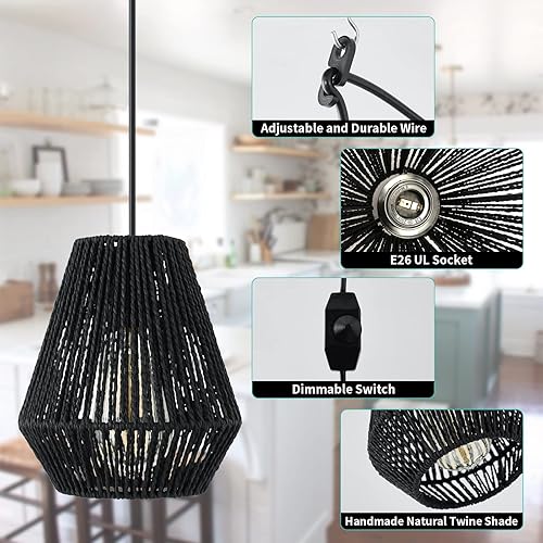 Miniatura 6 de Lámpara colgante enchufable, lámpara colgante con cable de 15 pies, interruptor de encendidoapagado, cesta de ratán tejida a mano negra, lámpara