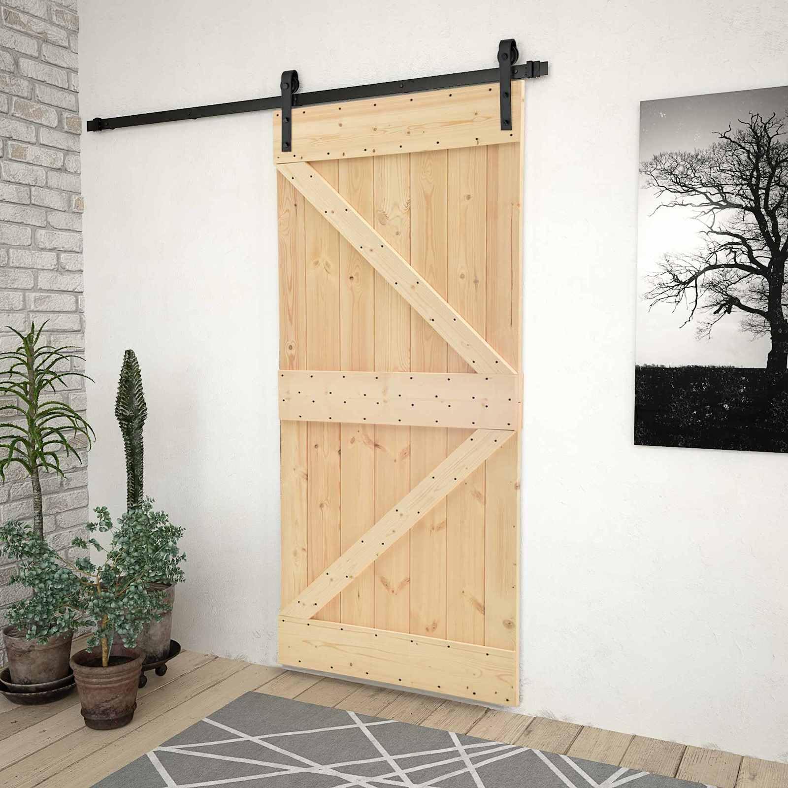 Porta scorrevole in legno di pino massiccio naturale e nero, 100 x 210 cm, porta interna con binario in acciaio verniciato a polvere, salvaspazio, per la ristrutturazione della casa