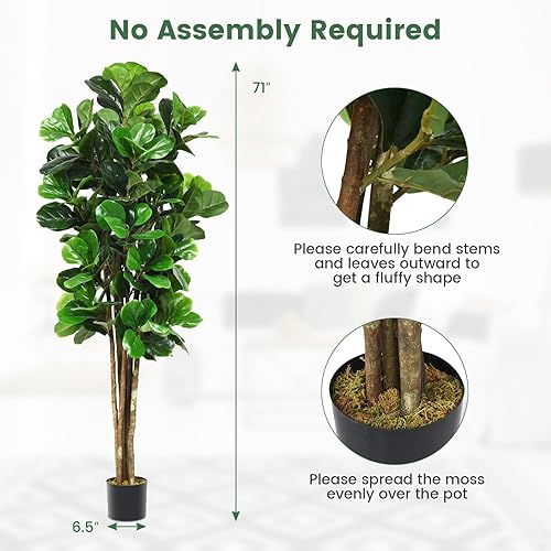 Miniatura 7 de Happygrill Árbol de vegetación artificial de 6 pies, plantas de higuera de hoja de violín falsa para interiores en maceta, árbol de ficus lyrata