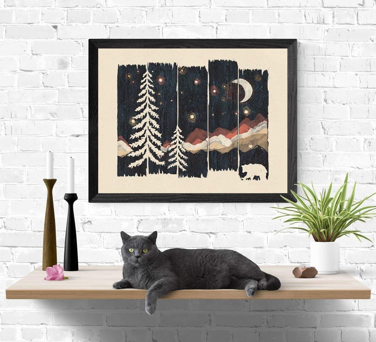 Beautiful Outdoor Starry Night Sky Art Print Wilderness Nature Forest Trees Mountain Lover Wall Art Colorful Moon Bear Peaceful Camping Meditation Illustration Home Decor 18 x 24 Unframed Art Print