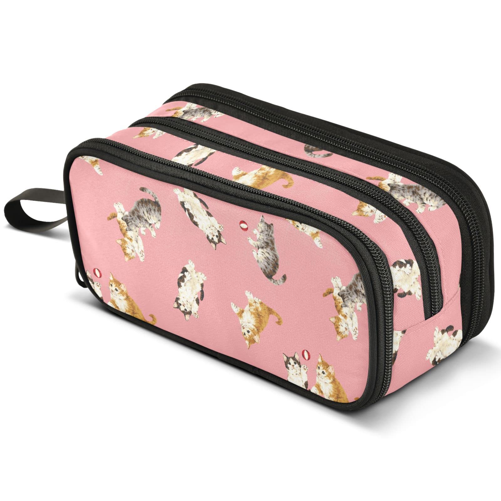 Cute Yellow Cat Pencil Case Large Capacity Pen Pouch Makeup Bag with 3 Compartments Pen Holder Organizer Stationery Bag for Girls Womens