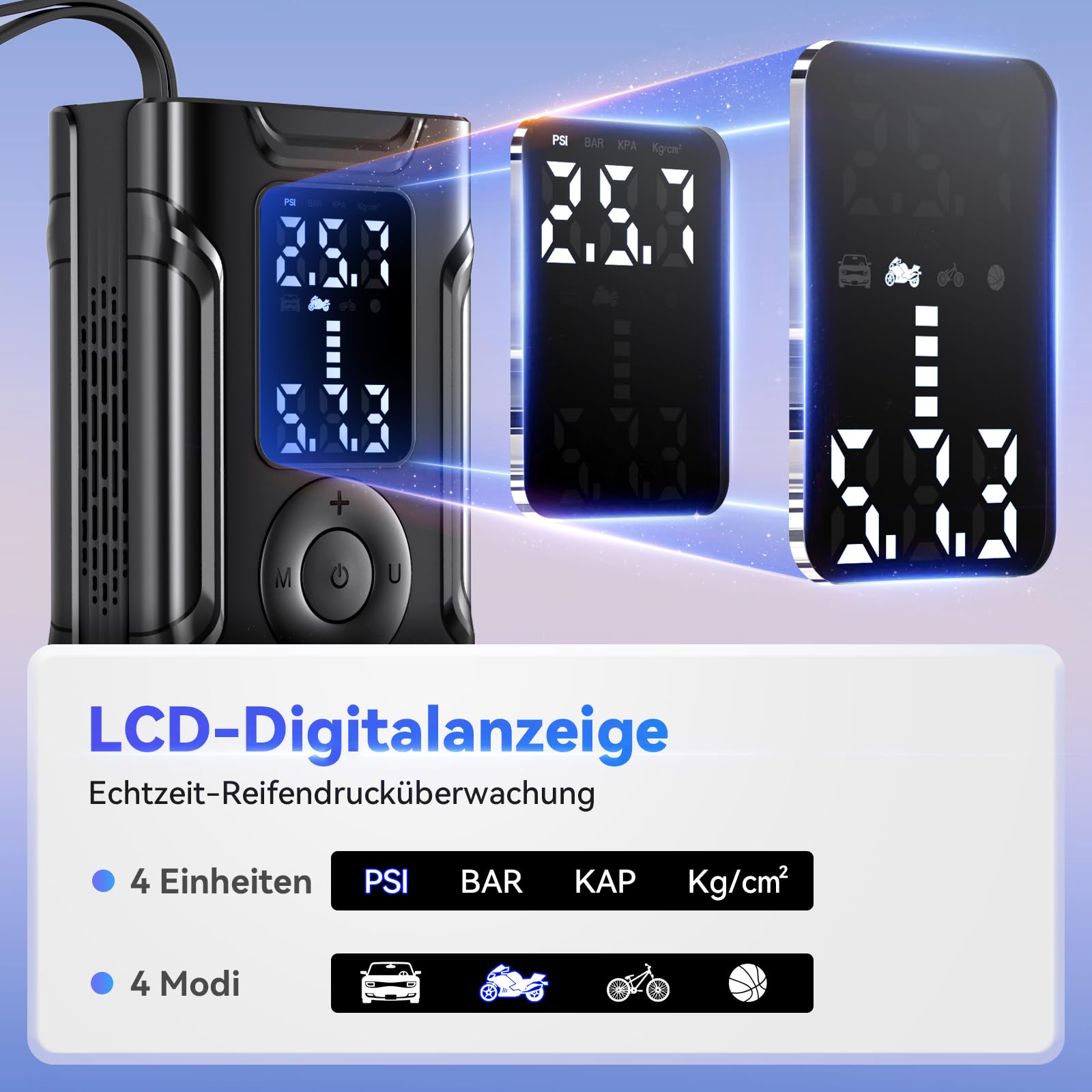 Kabelloser Elektrische Luftpumpe Tragbare Fahrradpumpe - Akku Kompressor Wiederaufladbare Reifenpumpe mit alle ventile Für Auto, Motorrad, Fahrrad - 3