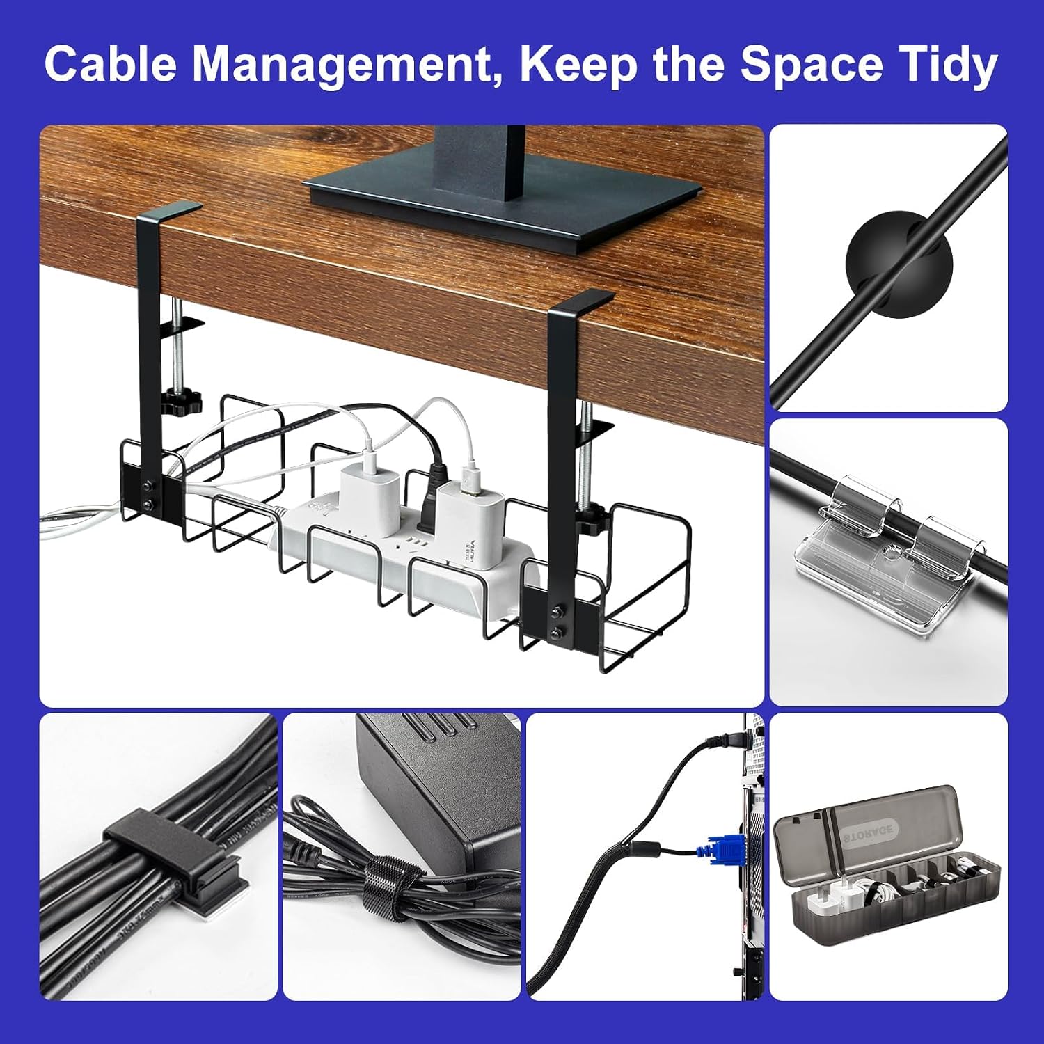 80PCS Reusable Cable Ties, Black Adjustable 6-Inch Cord Organizer Ties & Under Desk Cable Management Tray, No Drill Wire Management Rack for Office Desk, Computer Desk Accessories image 4