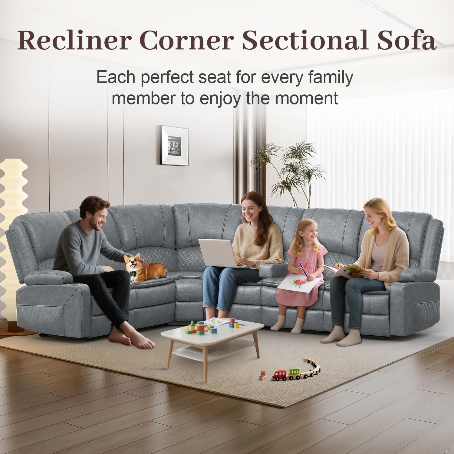 Yolsali Manual Reclining Sectional Sofa Set, 6 Seats Soft Leather Recliner Corner Sectional Couch, Family-Sized L-Shaped Recliner Couch with USB Charging, Thickened Padding, Sturdy Frame, Grey