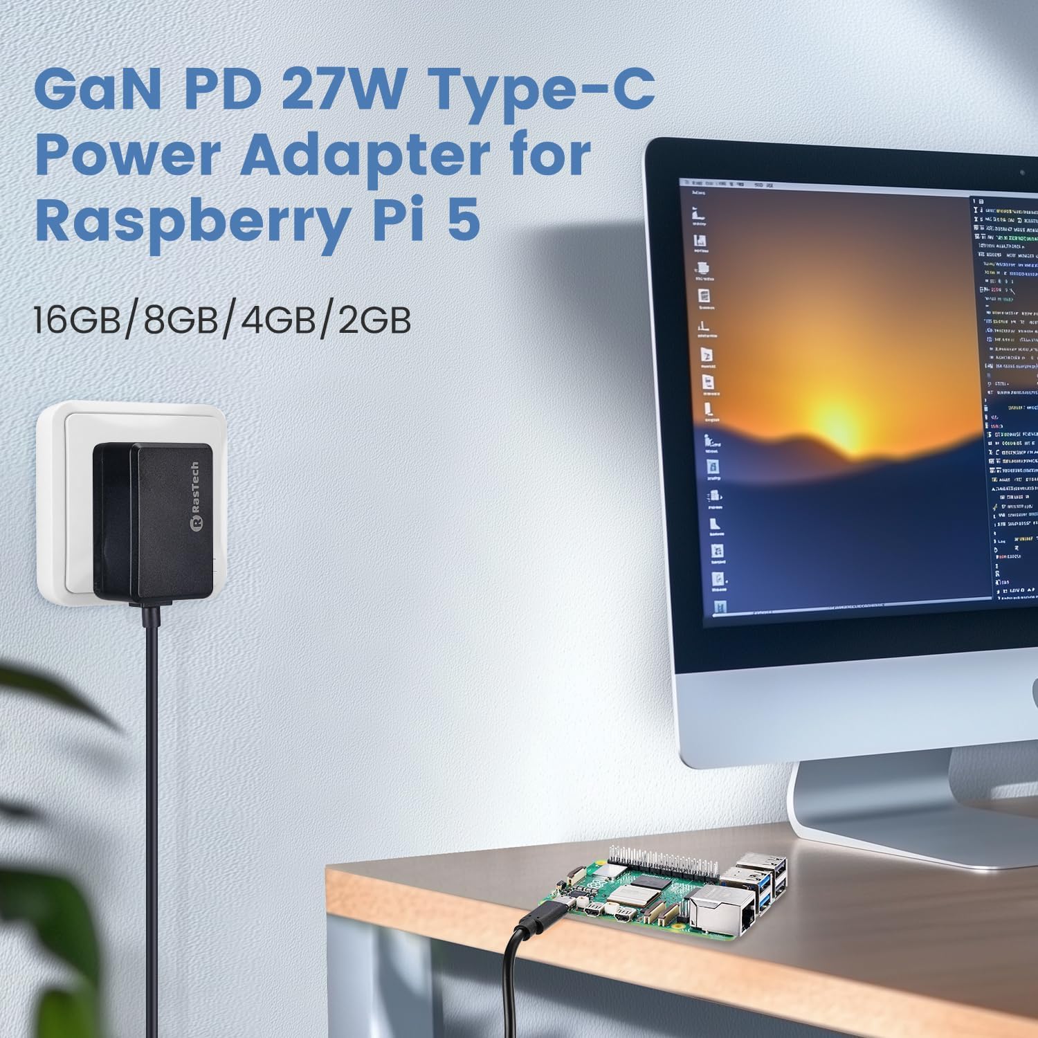 RasTech Raspberry Pi 5 4GB Kit 64GB Edition con dispositivo di raffreddamento attivo, alimentatore USB-C 27W GaN 5.1V5A, scheda Pi5 4GB, kit lettori di schede da 64 GB, custodia Pi 5, cavi Dual 4K