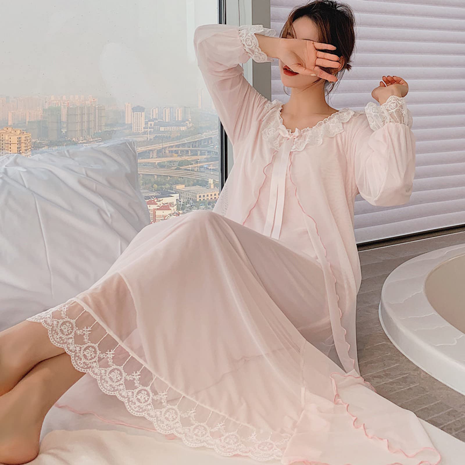 OFFSUM Camicia da Notte Donna - Abito Vintage in Pizzo con Scollo Rotondo Elegante Abito da Sposa in Maglia Camicia da Notte Moda Primavera Estate Principessa Sleepwear Lingerie