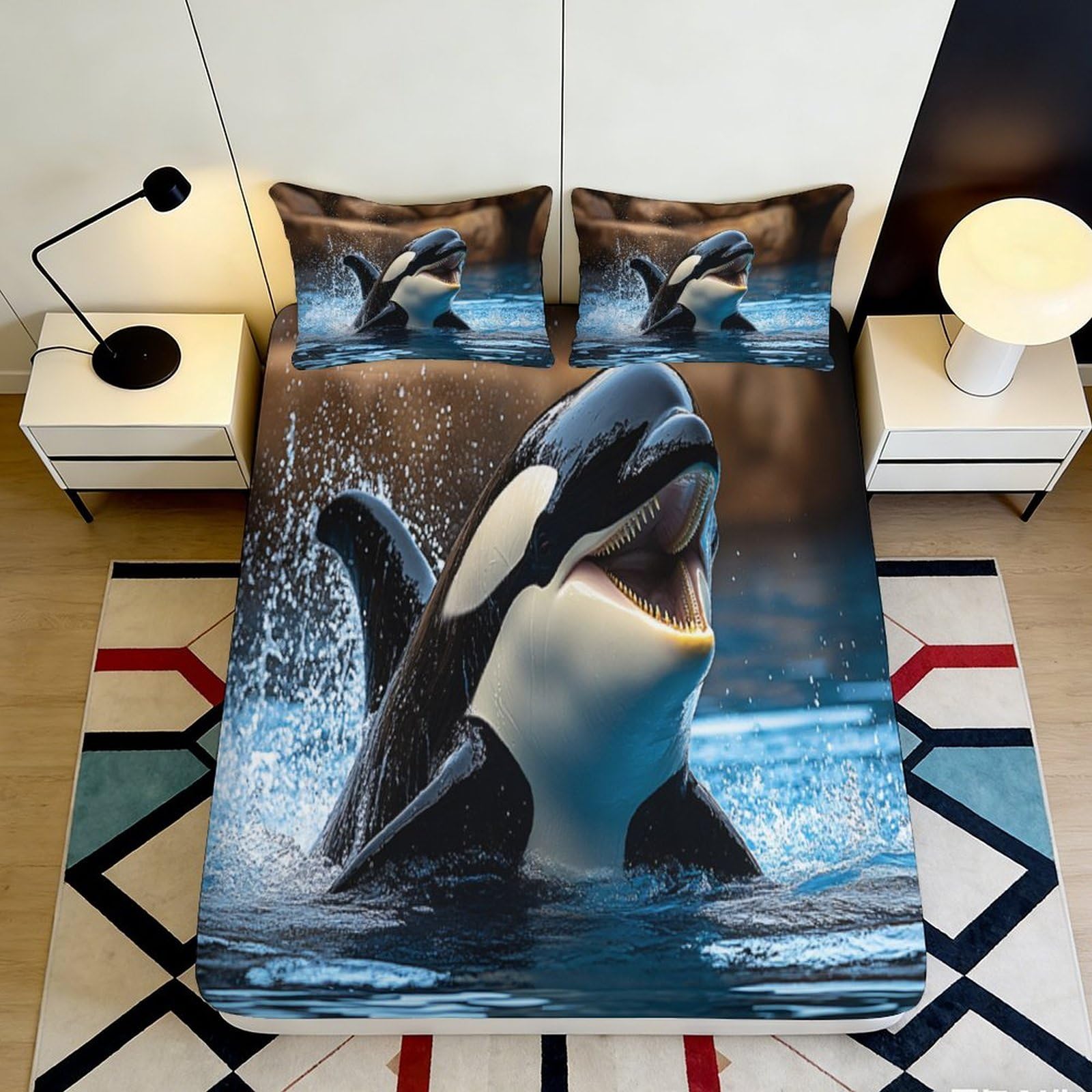 3D Printed Orca Ocean Fitted Sheet Microfiber Soft Anti-Slip Whale Mattress Cover for Bedroom Dorm Mattress Protector Decor 200x200x25cm