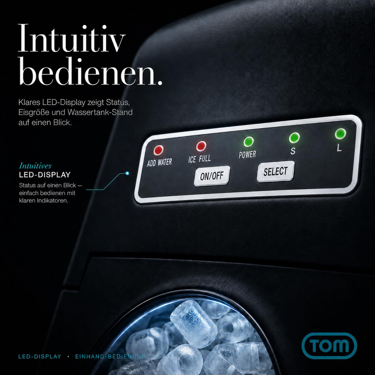 TOM Eiswürfelmaschine – 9 Eiswürfel in 6-8 min – 12 kg/24 h – 2 Würfelgrößen – Ice maker Eiswürfelmacher mit 1,3 l Wassertank – LED-Display – Inkl. Zubehör & Eiszange als Geschenk – Eiswürfelmaschine