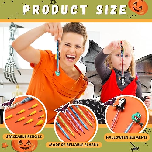 Miniatura 3 de Qilery 96 lápices de Halloween a granel con borrador superior, lápices apilables para niños, calabaza, murciélago, fantasma, monstruo, papelería de