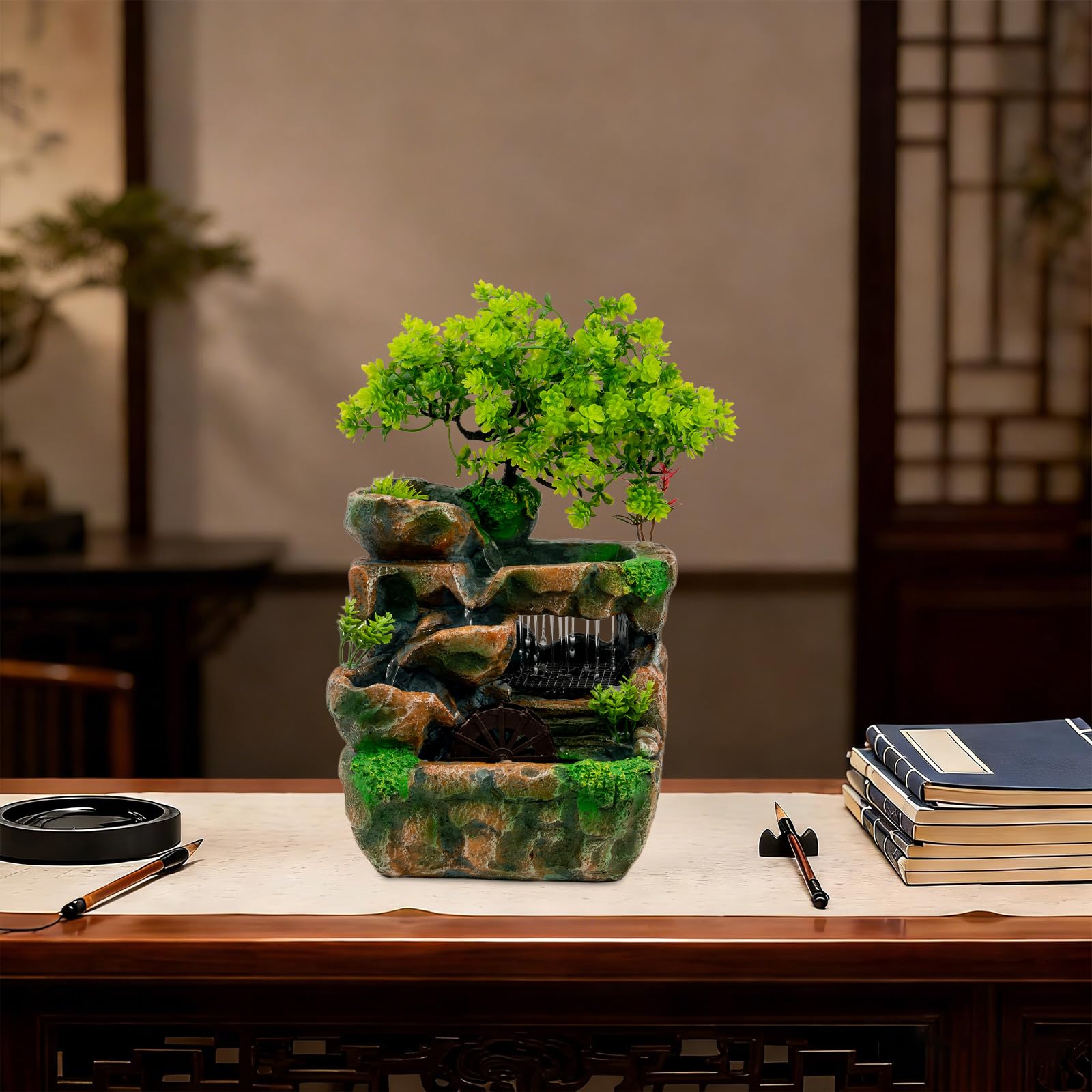 Zen Fuente de Mesa con Luz LED Feng Shui Cascada Interior Fuente de Resina Relajante Decoración de Habitación para Salón Oficina H 30cm