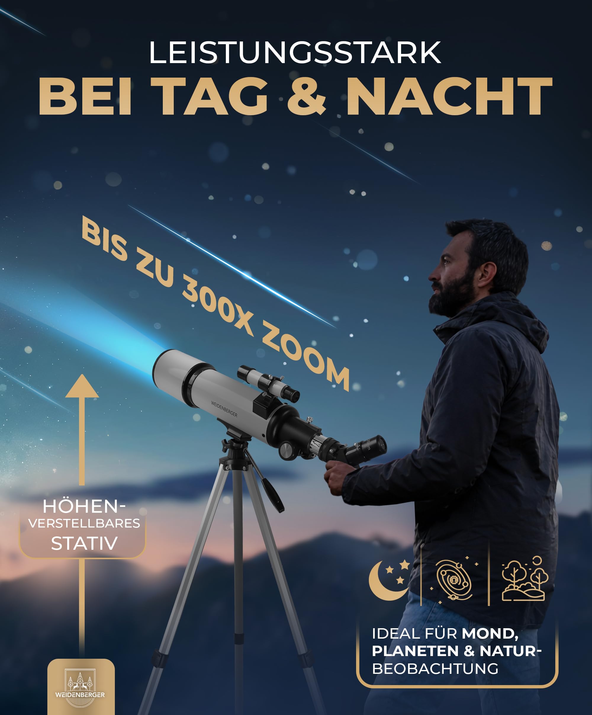 Teleskop 80600 – Refraktor-Fernrohr, 800 mm Brennweite, 60 mm Öffnung mit 3 Okularen + 3× Barlow-Linse, Sucherfernrohr, Stativ & Handy-Adapter – für Erwachsene & Einsteiger