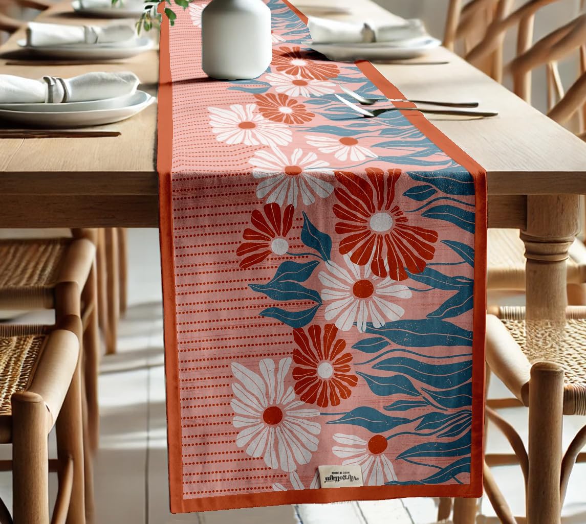 Premium Cotton Table Runner - Lightweight Double Layer - Border Design - Machine Washable Farmhouse Table Decor - Floral
