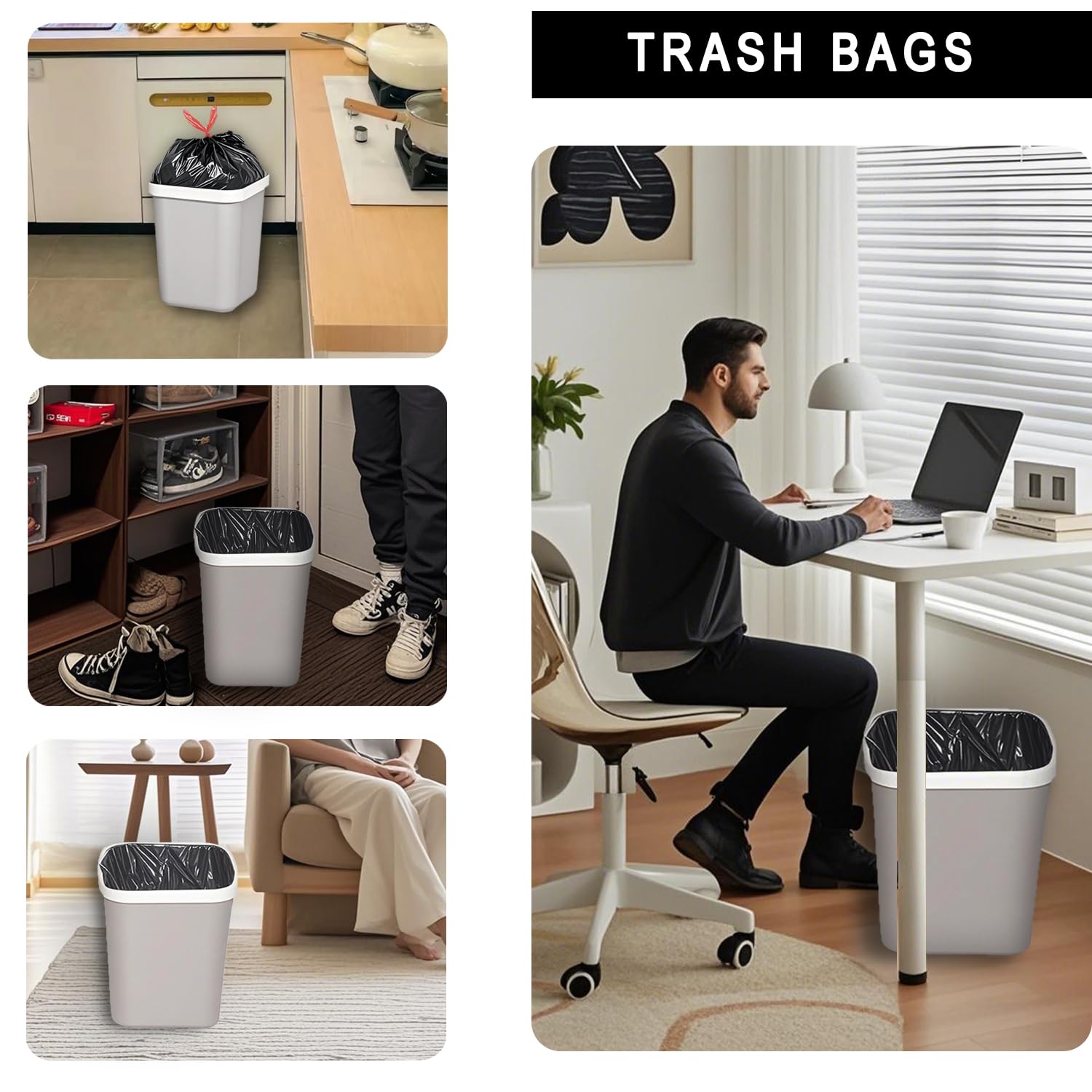 AiTodos® Worki na Śmieci z uszami 35L, 60szt, 57x65 cm, Czarne, Materiał PE | 6 Rolek po 10 szt. Ekstra mocne, Szczelne, Odporne na rozdarcie, do Koszy z Pedałem i Biura.