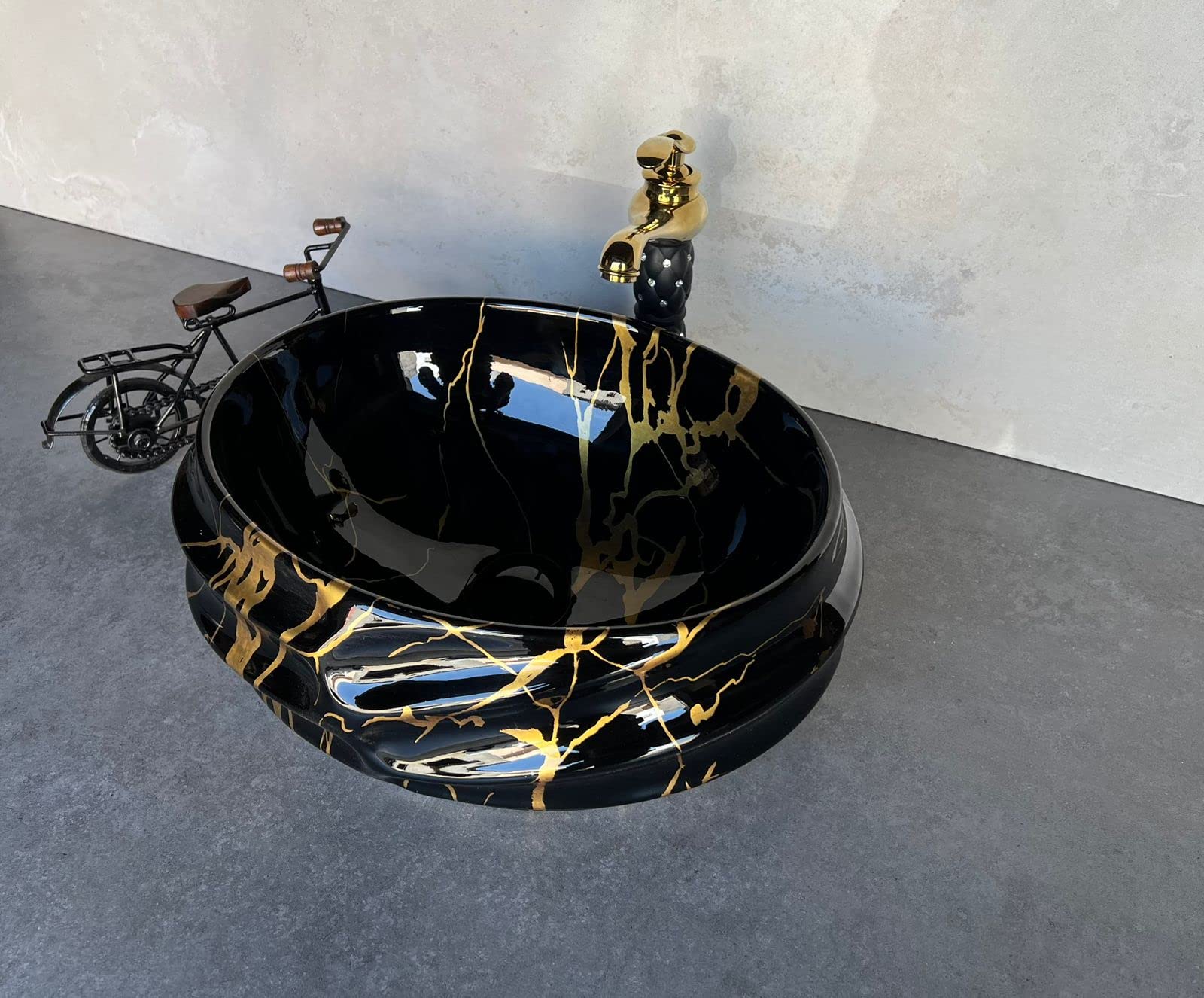 NEXIS Designer Glossy Finish Ceramic Art Wash Basin Vessel Sink Table Top | Collapsible Wash Basin (Black-Golden Art Wash Basin, 16 x 13 x 6 Inch) 4