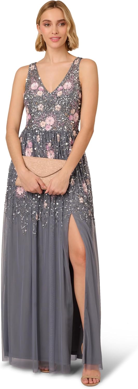 Adrianna Papell Womens Beaded Mesh Long Dress - Image 4