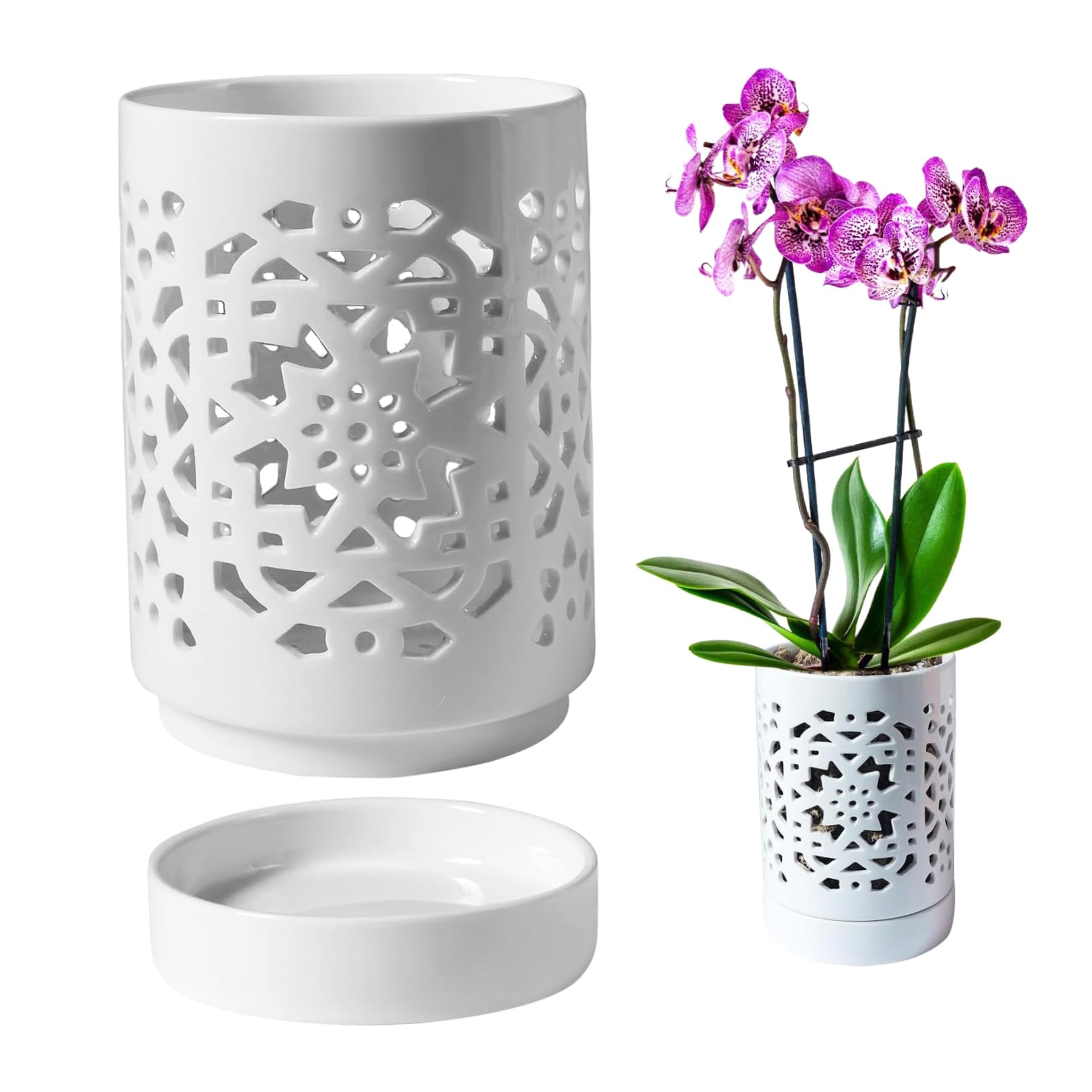 Temeemeg Orchid Pots 5x4in Orchid Planter with Holes & Saucer & Drainage Ceramic Plant Pot for Indoor Outdoor Plants White