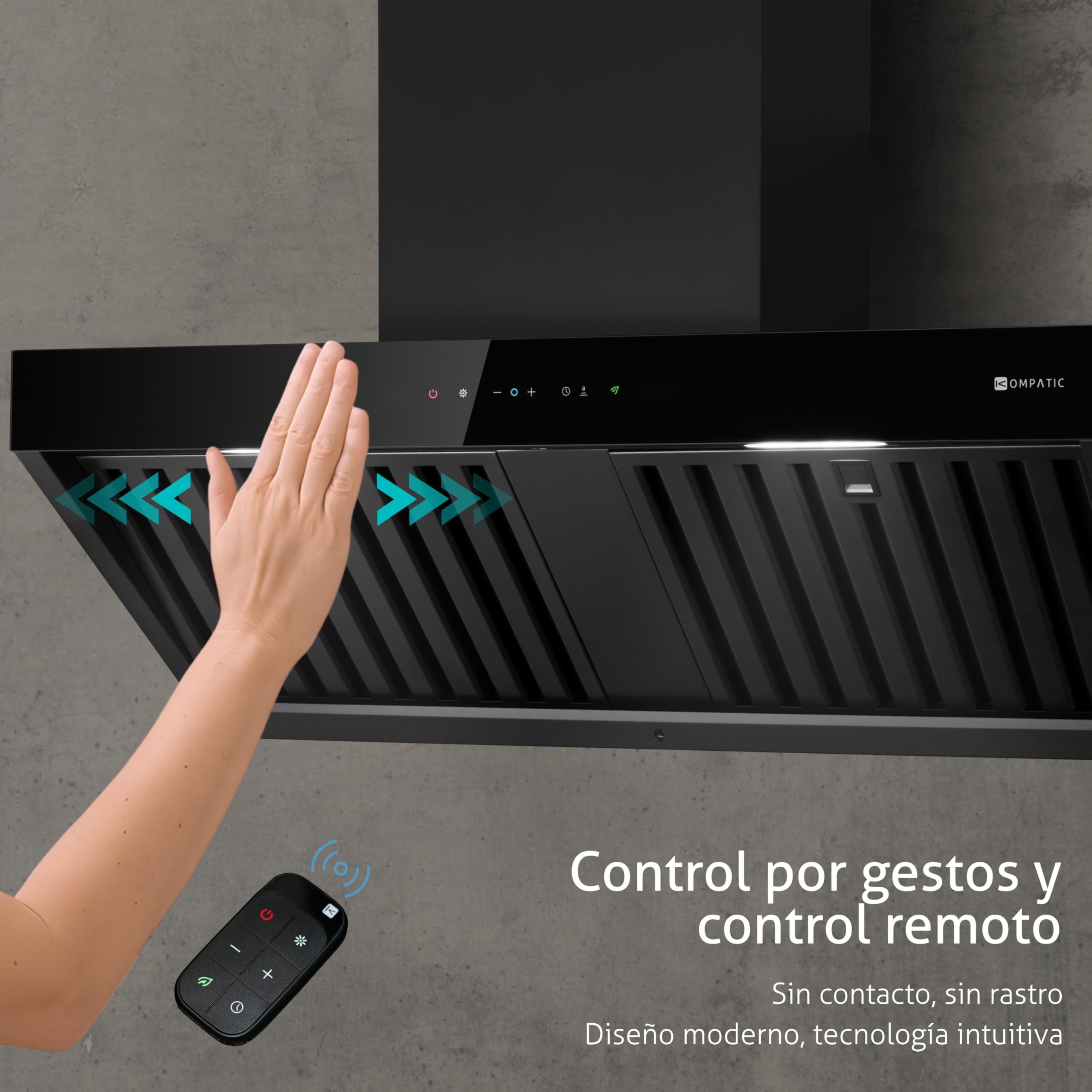 Campana extractora mural Kompatic Kori 90 KPKR90WB, 90 cm, 800 m³/h, clase A+++, control táctil y gestual, mando a distancia, Boost/Super Boost, negro mate.