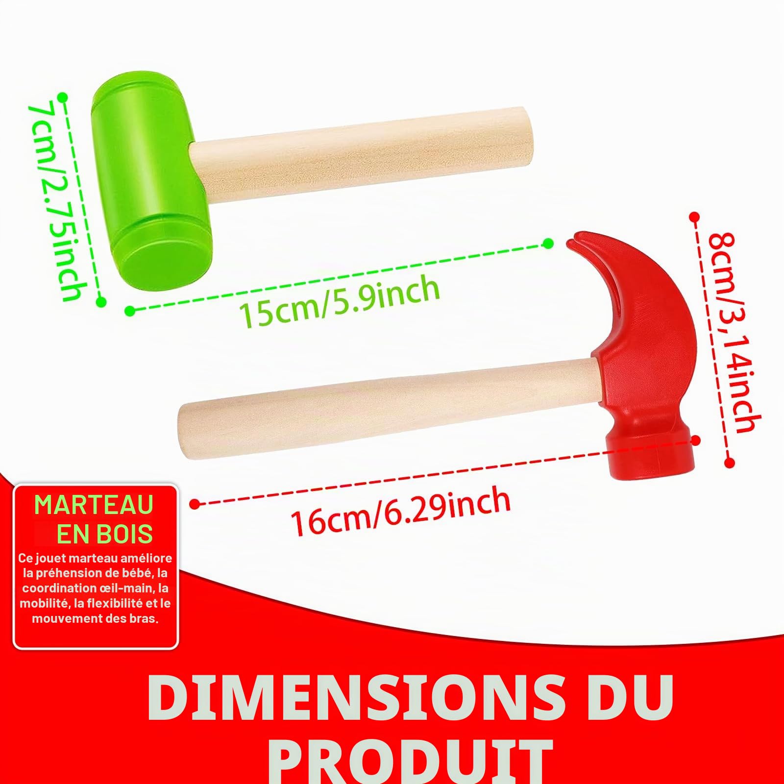 BLMHTWO Lot de 2 marteaux pour enfants, marteau en bois, maillet, jouet en plastique, outils de maintenance, petit marteau simulé pour réparations, blocs de construction