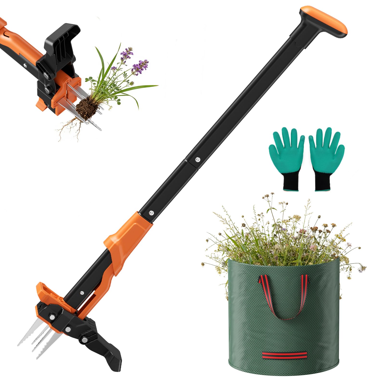 Weed Puller with 60L Garden Bag, Length 100cm, with 4 Strong Claws, Garden Tool for Lawn, Patio, Garden - 2