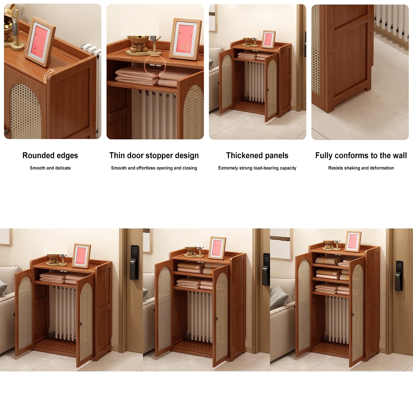 Moderna cubierta de radiador de madera con puerta, elegante cubierta de calentador y estante de almacenamiento de enrutador WiFi de ratán para sala de estar y dormitorio, decoración ideal para el