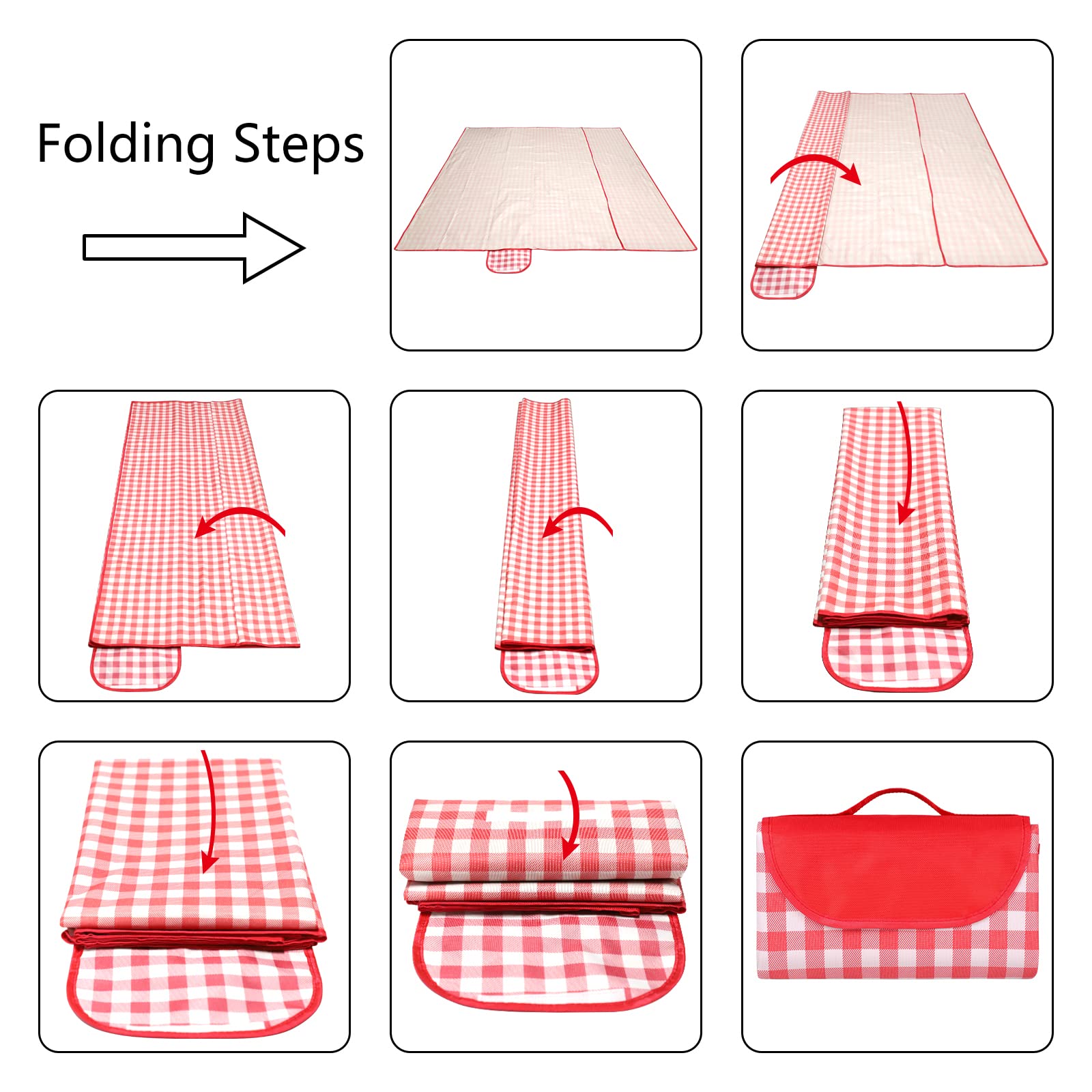 Eucomir Coperta da Picnic Portatile 200 x 200 CM, Impermeabile Pieghevole con Manico,per Outdoor Giardino Campeggio,Rosso e Bianco