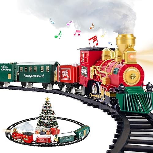 Gloween Juego de tren Juguete de tren eléctrico para niños y niñas, kit de ferrocarril con humo, sonido, luz, coches de carga y pistas, para niños