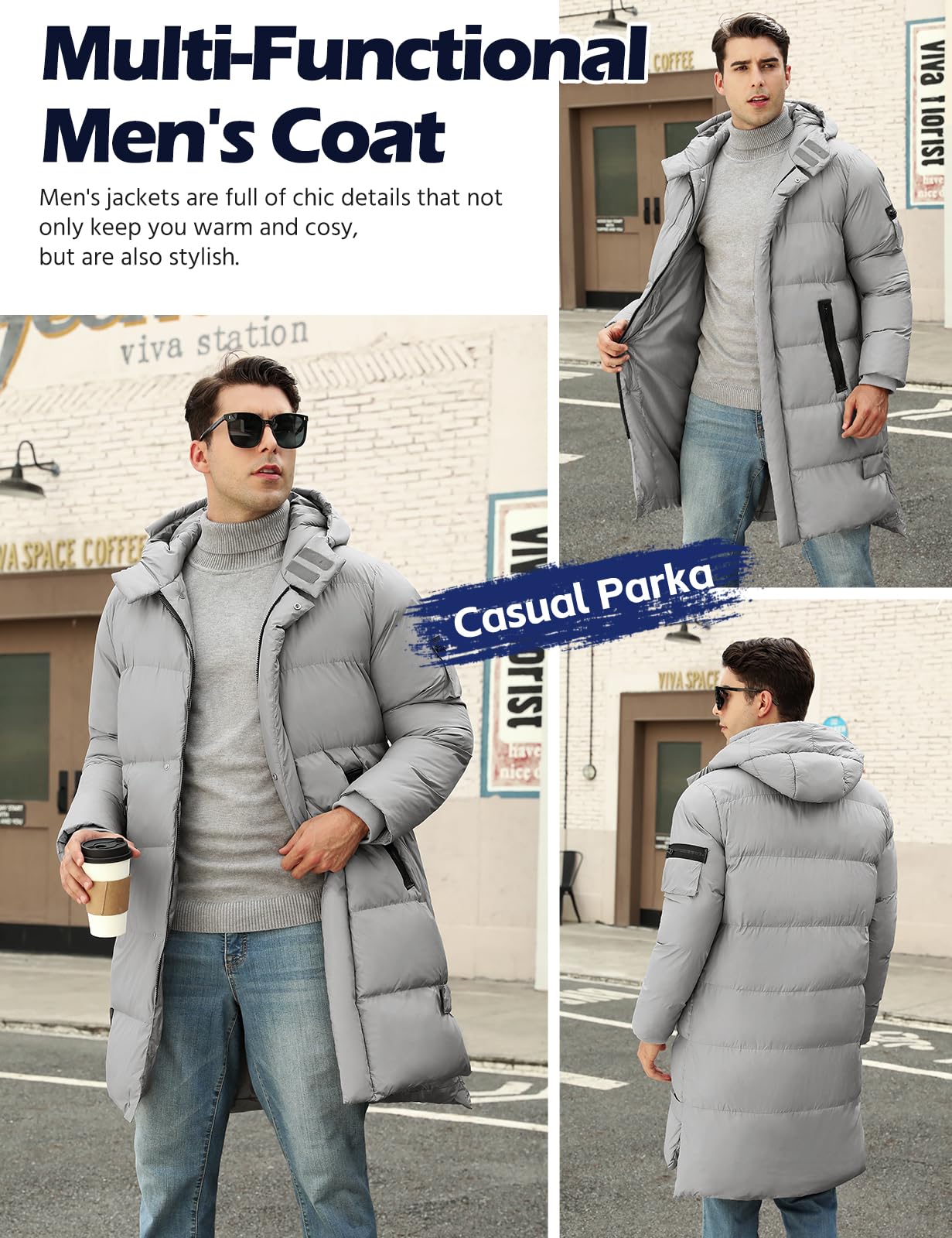 CMTOP Chaqueta Hombre Invierno con Capucha Cálido Chaqueta Acolchada Largo Hoodie Abrigo Invierno Casual Parka Cremallera Cazadora Acolchada Prueba de Viento con Bolsillos