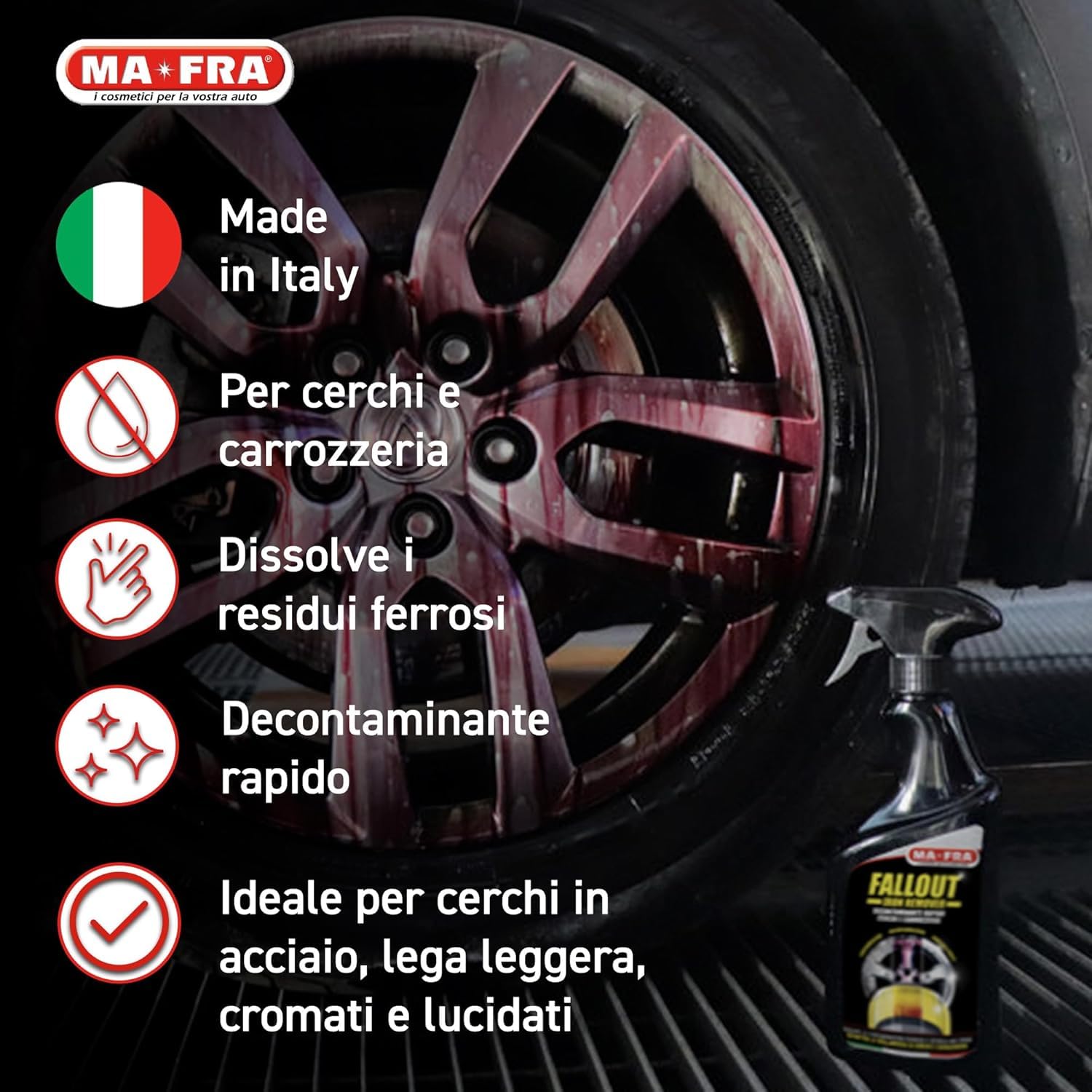 MAFRA Fallout DECONTAMINANTE Cura Cerchi Cerchioni + MAFRA Pennello Pulizia Detailing Red 35 MM + Spazzola Pulizia Cerchi