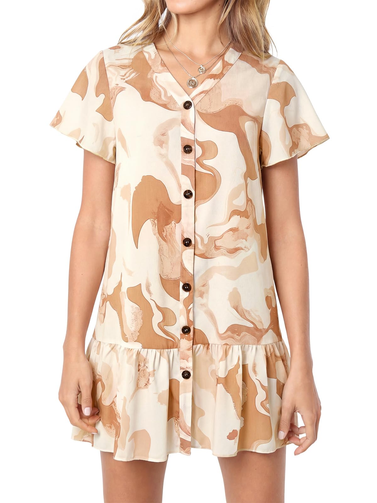 Imysty Womens Summer Polka Dot V Neck Button Down Loose Mini Dress