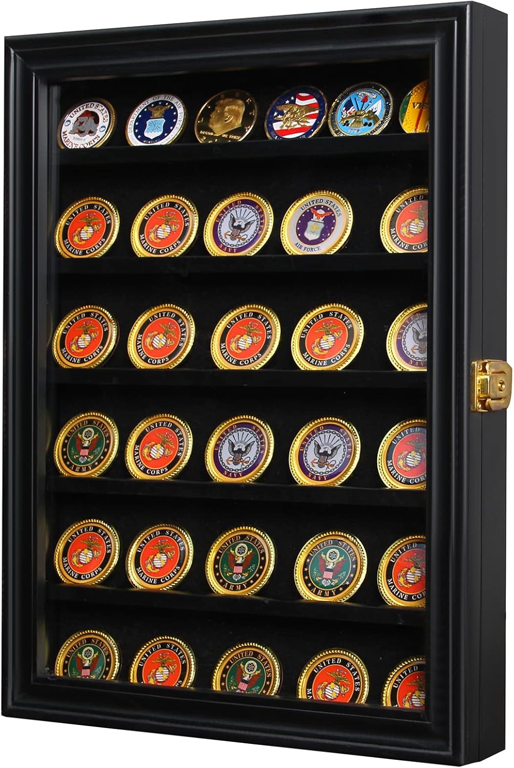 Coin Display Case Solid Wood Lockable Military Challenge Coin Display Shadow Box with Removable 2 Grooves Shelves and Anti Fade Acrylic Glass Door for Military Medals Coins (Black) Large-Black