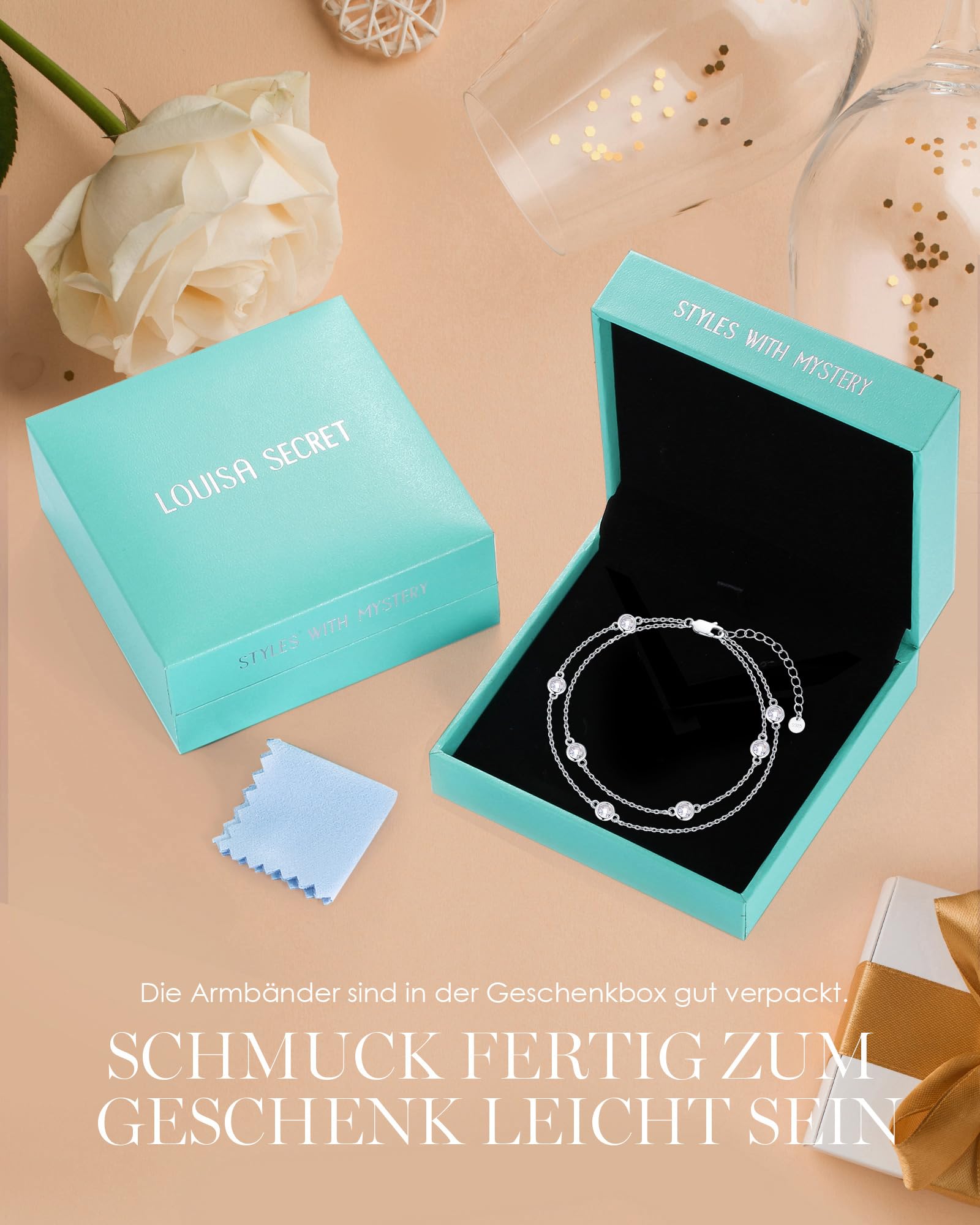 LOUISA SECRET Doppelkette Armband Damen 925 Sterling Silber Zirkonia Gold | Armbänder Verstellbar Valentinstag Muttertag Geburtstags Weihnachten Geschenk für Sie Frauen Freundin mama