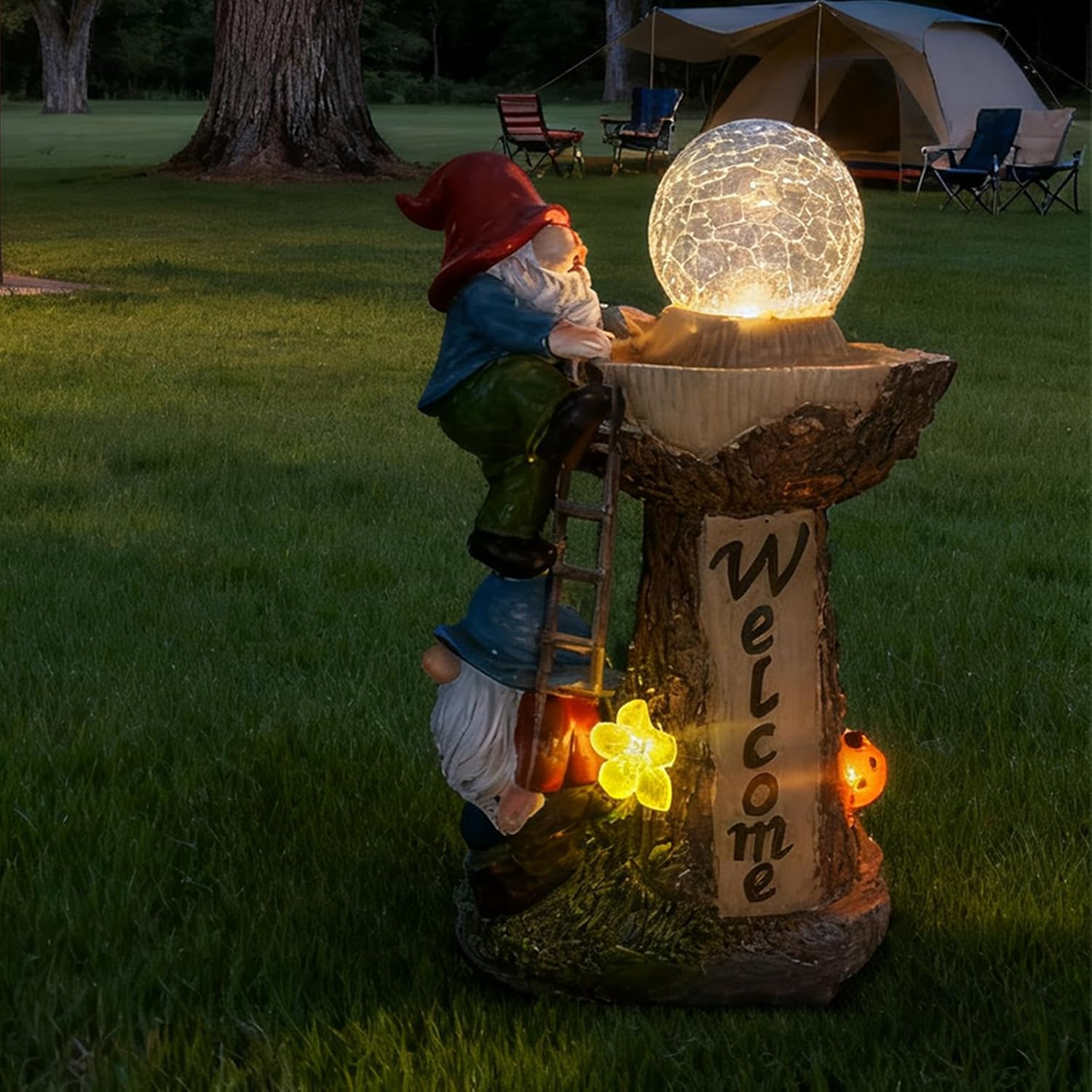 Solar Powered Garden Gnome Welcome Sign with LED Cracked Glass Ball, Outdoor Statue Decor for Patio Yard Lawn Walkway, for Mom Grandma (Red)