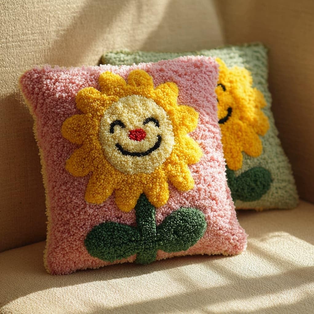 WallustrioaW Latch Hook Kits Pillow,Smiling Sunflower