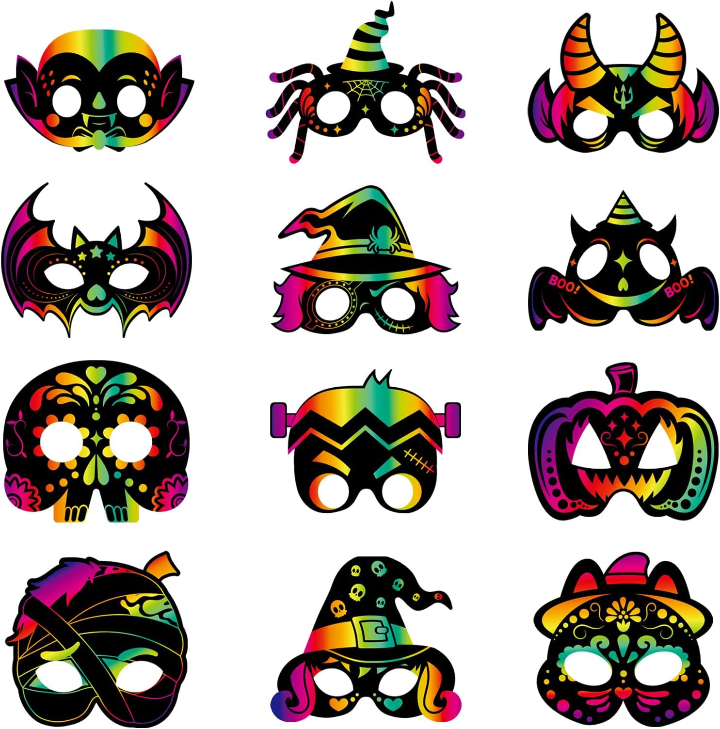 Qpout 48 Pieces Halloween Magic Rainbow Scratch Paper Crafts Kit,Halloween Pumpkins Magic Rainbow Scratch Art for Kids DIY Decor,Halloween Party Scratch Off Cards, Halloween Party Favors