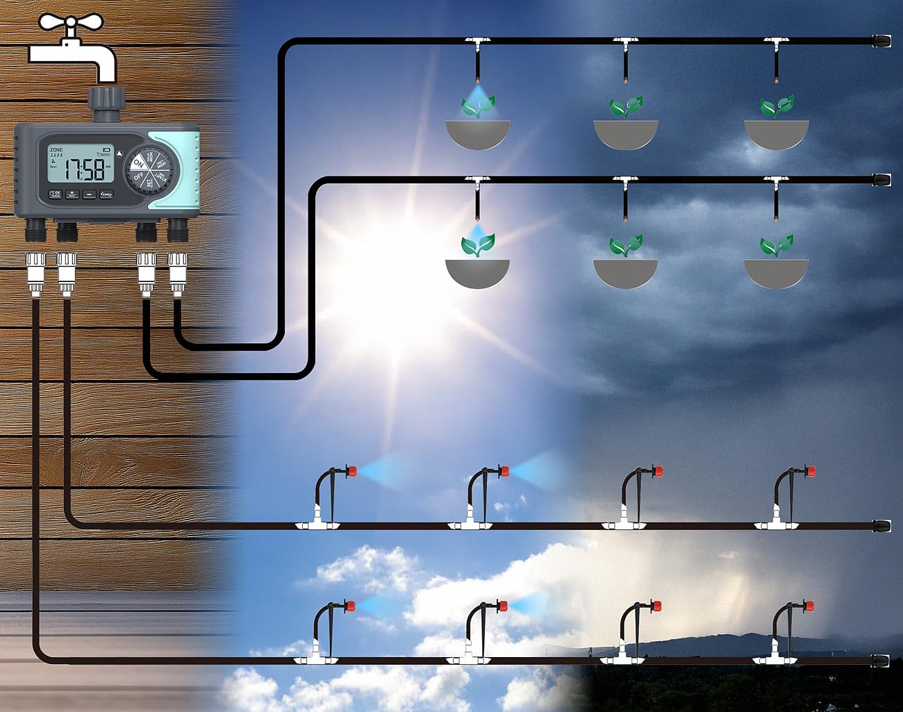 Royal Gardineer Garten-Wassercomputer: Digitaler Bewässerungscomputer mit Display, 4 Zonen, programmierbar (Gartenbewässerung Computer, Schlauch-Ventile elektrisch, Automat)