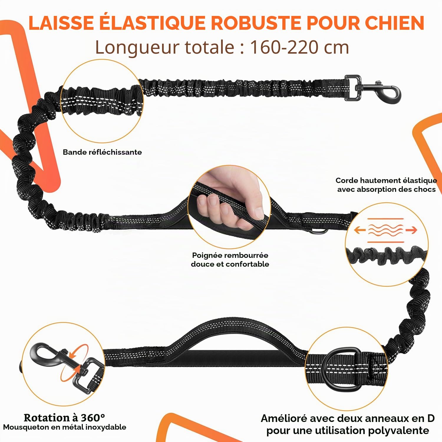 Laisse Canicross Chien, Laisse Main Libre pour Chiens, Longe de Jogging Élastique 160-220cm, Anti-tirons, Réfléchissant, Ceinture Réglable, Double Poignée pour Course à Pied, Marche