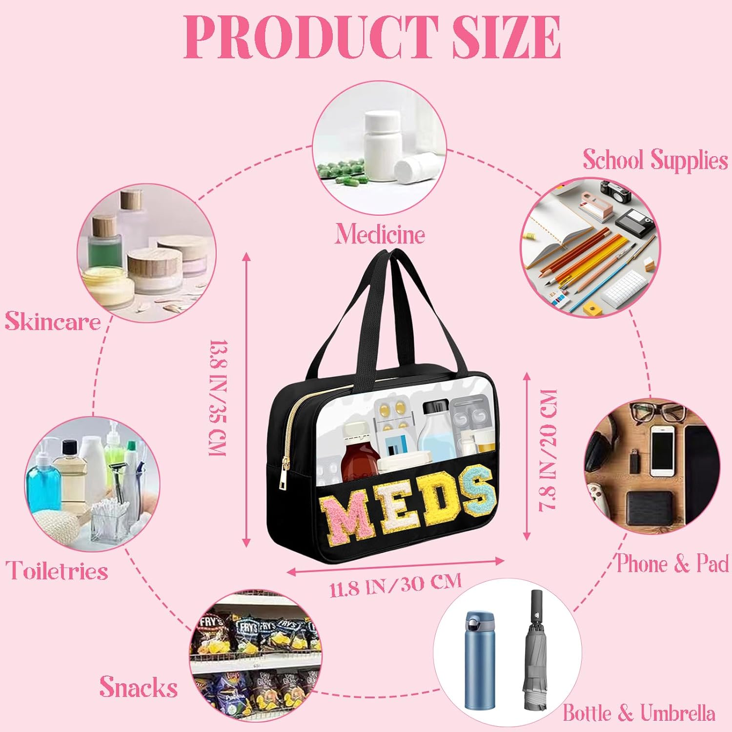 Chenille Letter MEDS Bag Clear Medical Medicine bag for Traveling Preppy Emergency Patch Bag with Handle and Zipper Waterproof Nylon Portable Makeup Bag for Women - Image 6