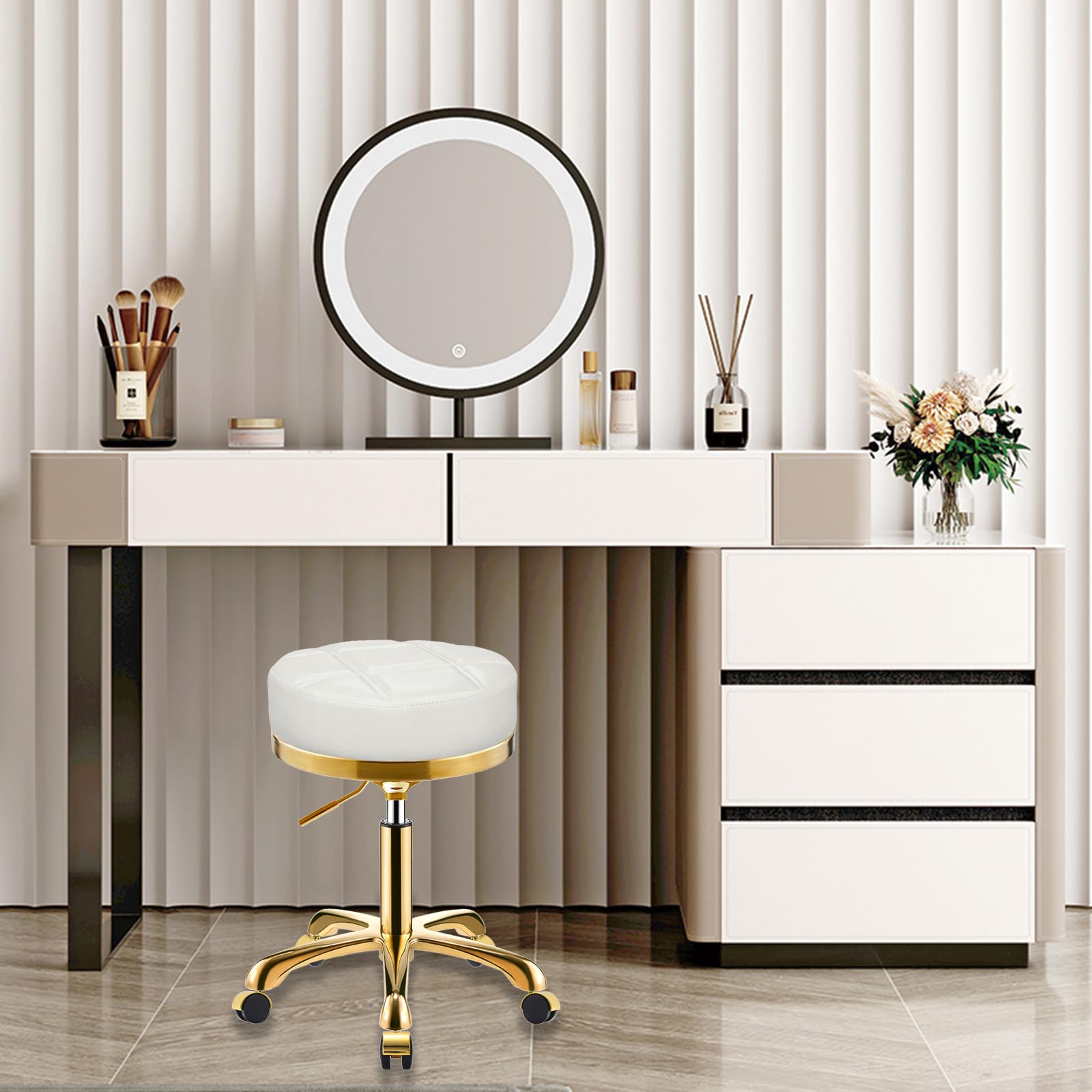 Doré Tabouret à roulettes Ergonomique Rond Chaise Roulant Cuir PU Pivotant Bureau Salon Medical Réglable Hauteur 45-58 cm Blanc